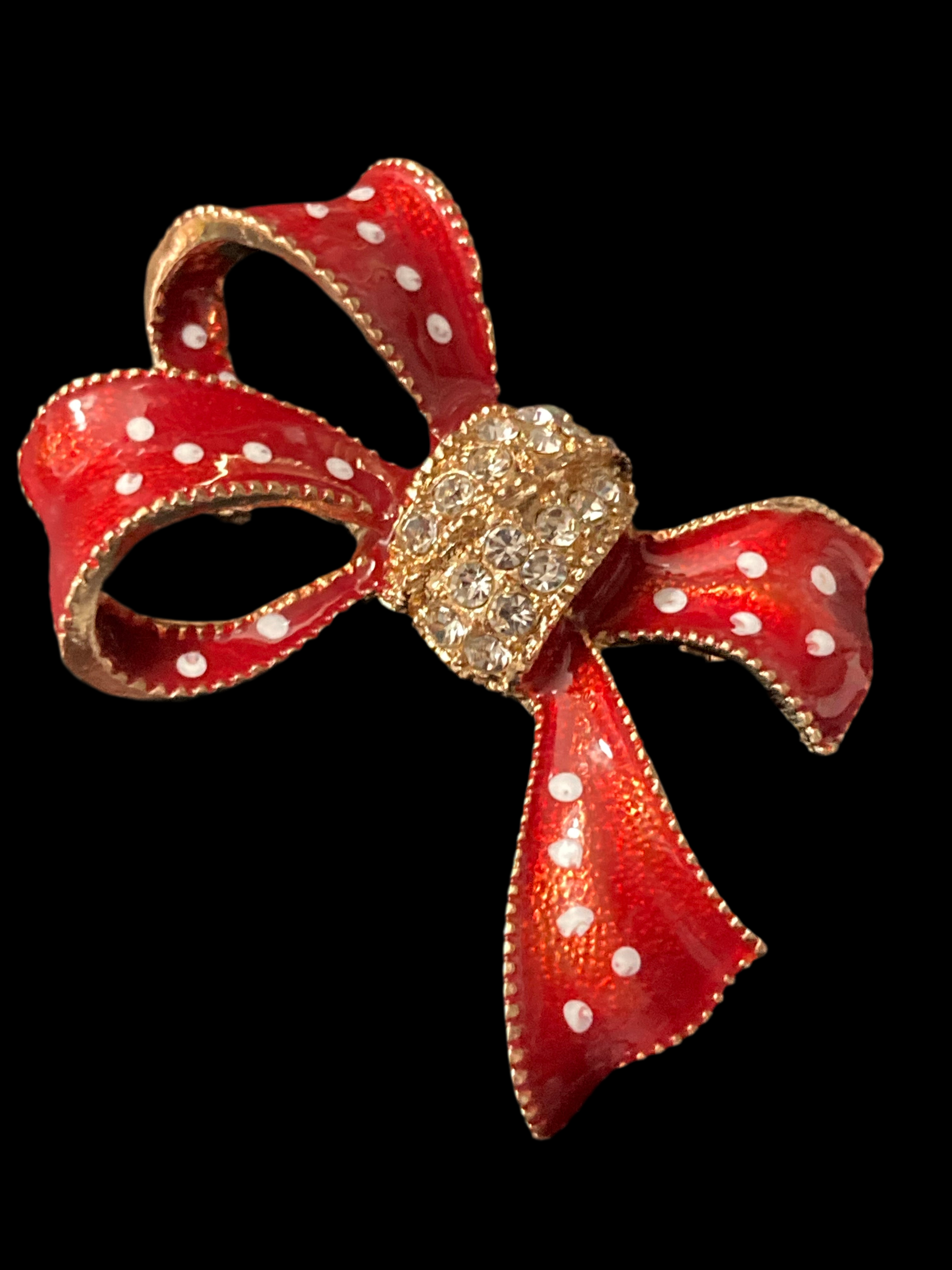 Cure red and white polka dot diamanté bow brooch