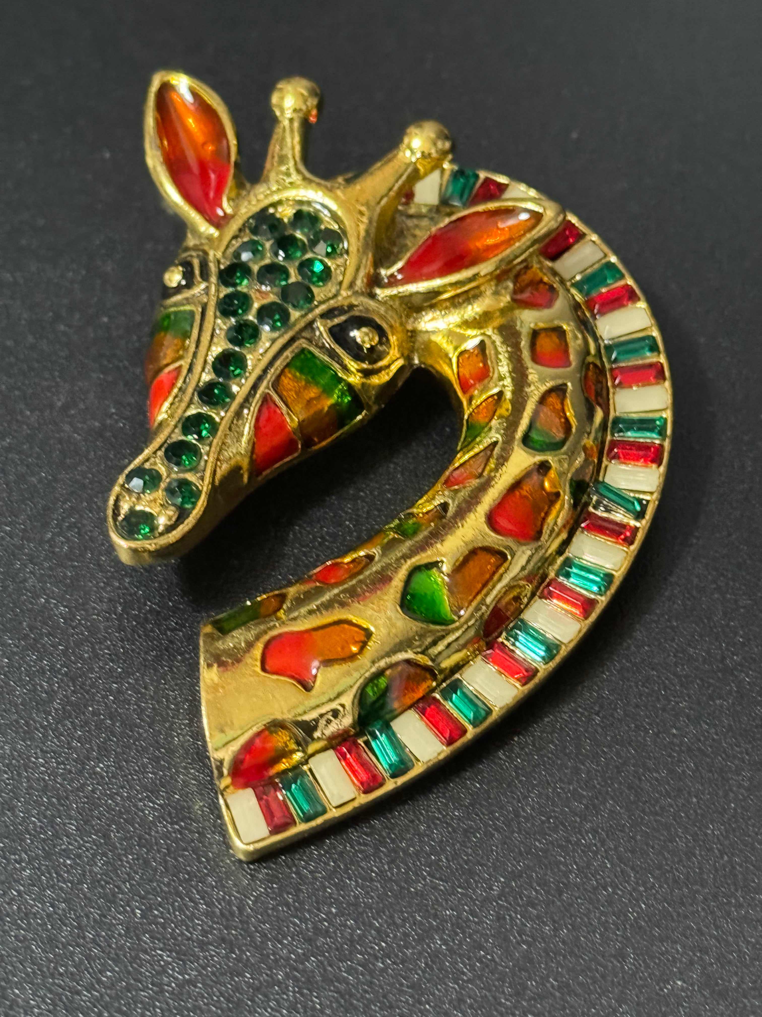 Large gold giraffe brooch orange and green enamel and black diamanté