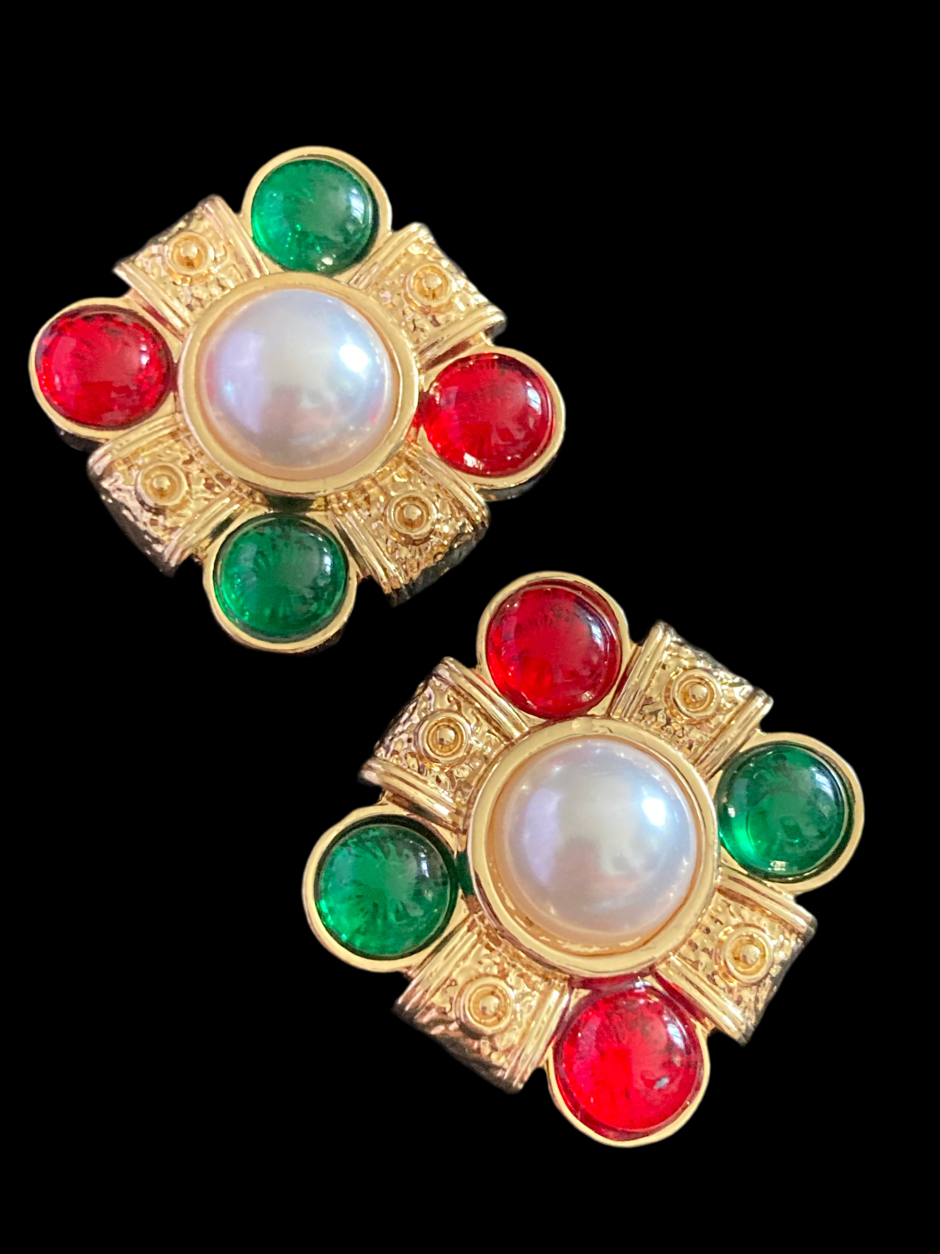 gold emerald ruby faux pearl gripoix style cabochon square pierced stud earrings