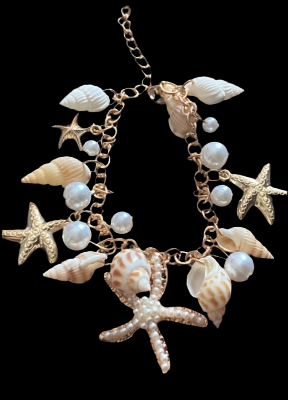 Tropical seashell pearl charm bracelet