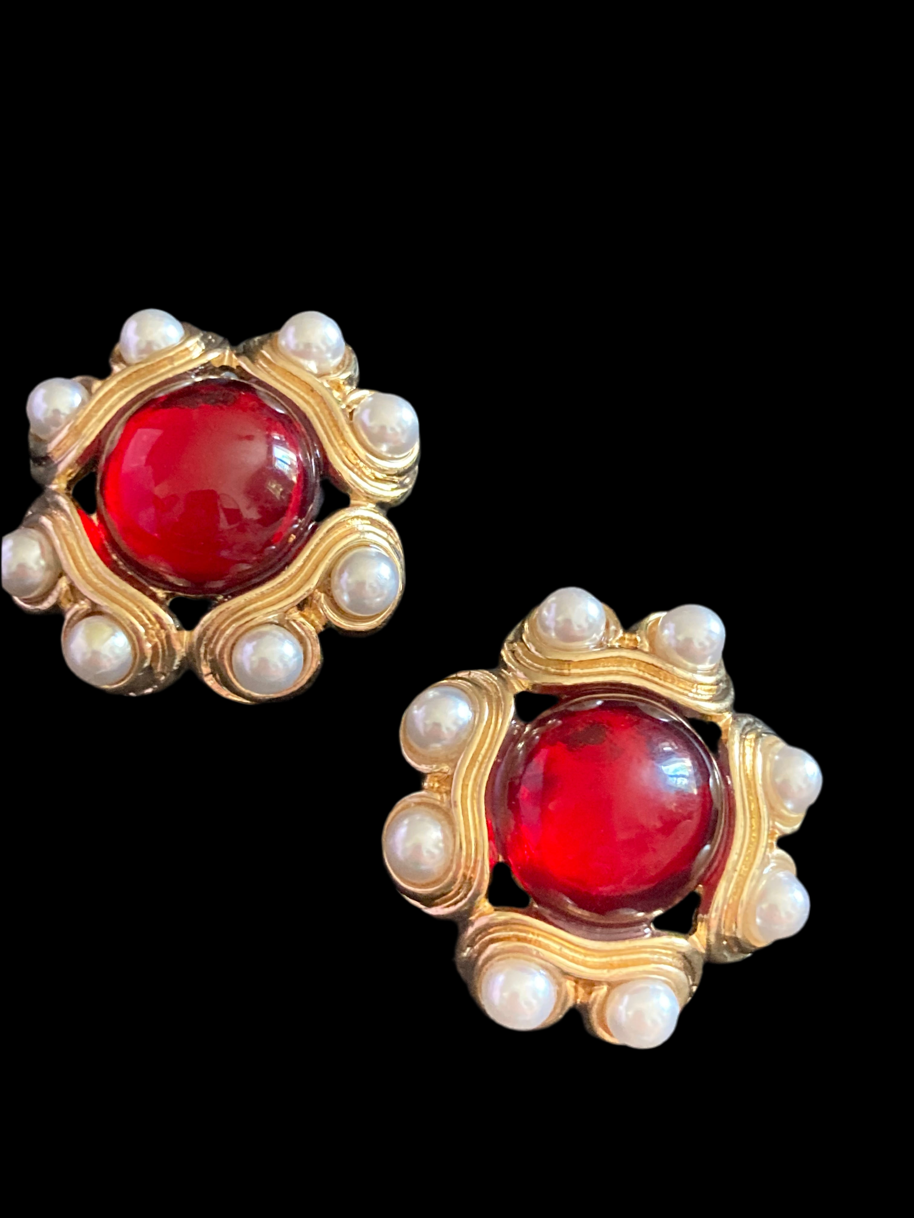 gold ruby faux pearl gripoix style cabochon round pierced stud earrings