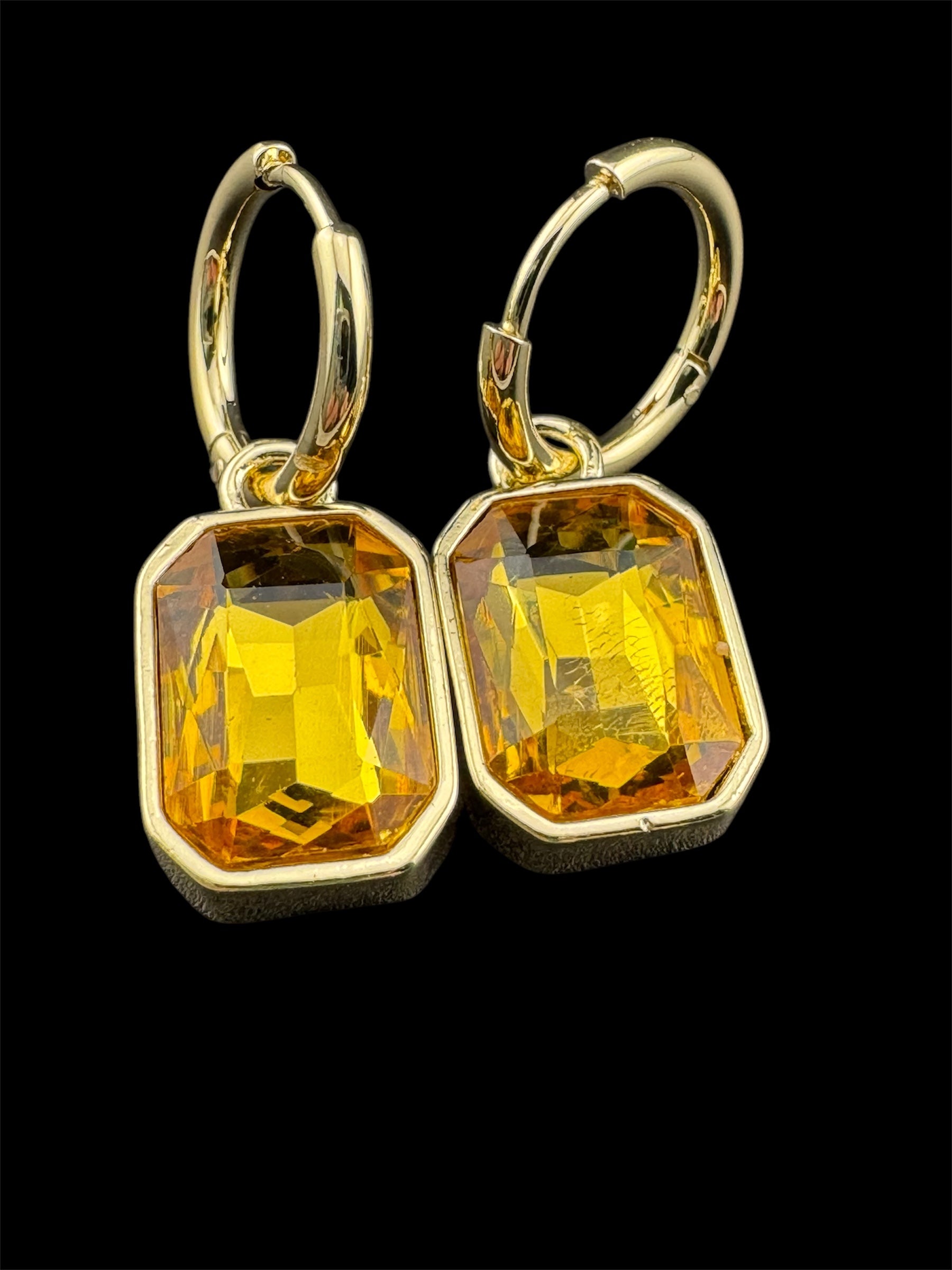 Amber Citrine glass crystal octagonal charm small hoop earrings pierced, gold plated