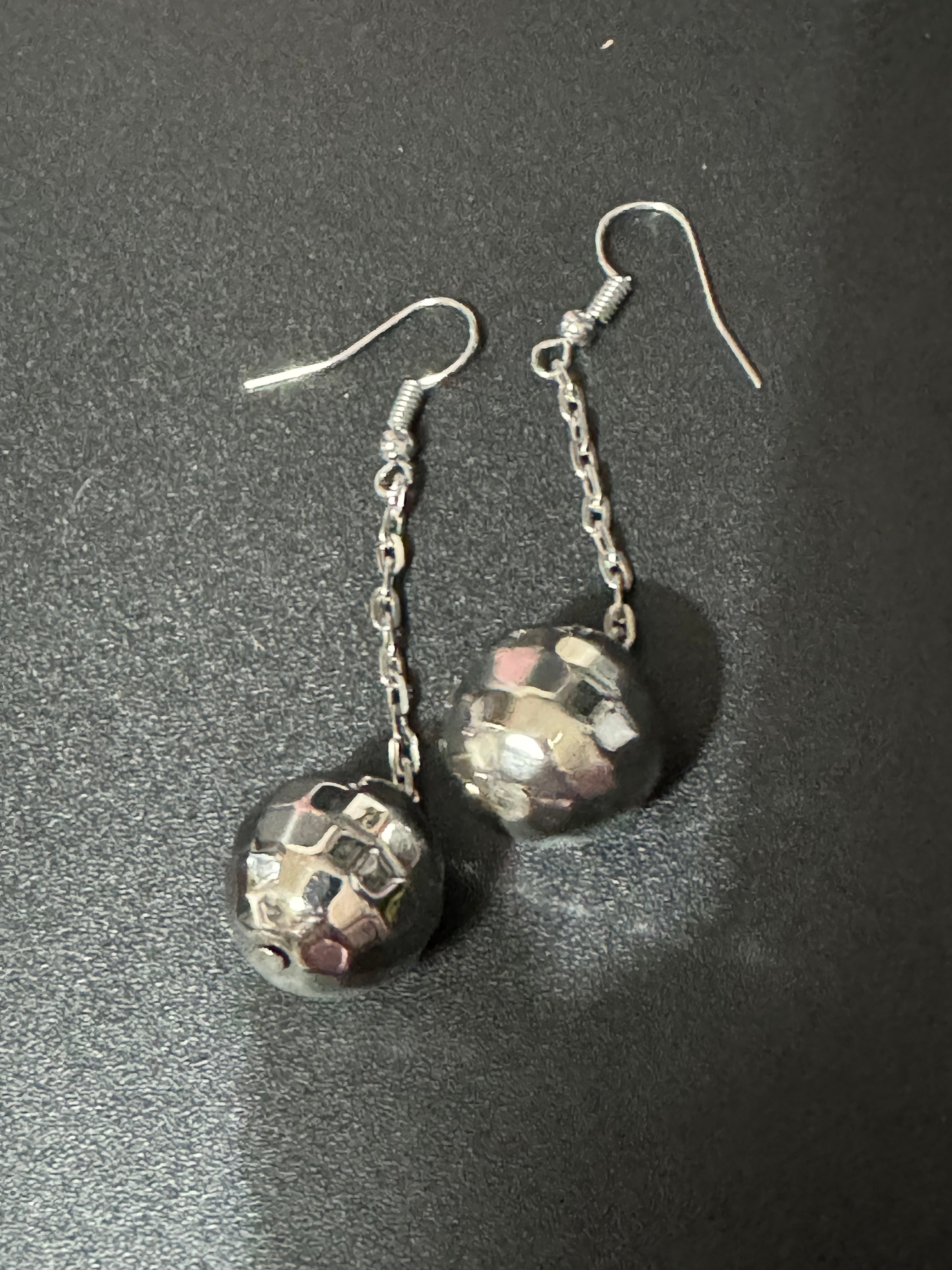 Silver chain link disco ball dangly earrings