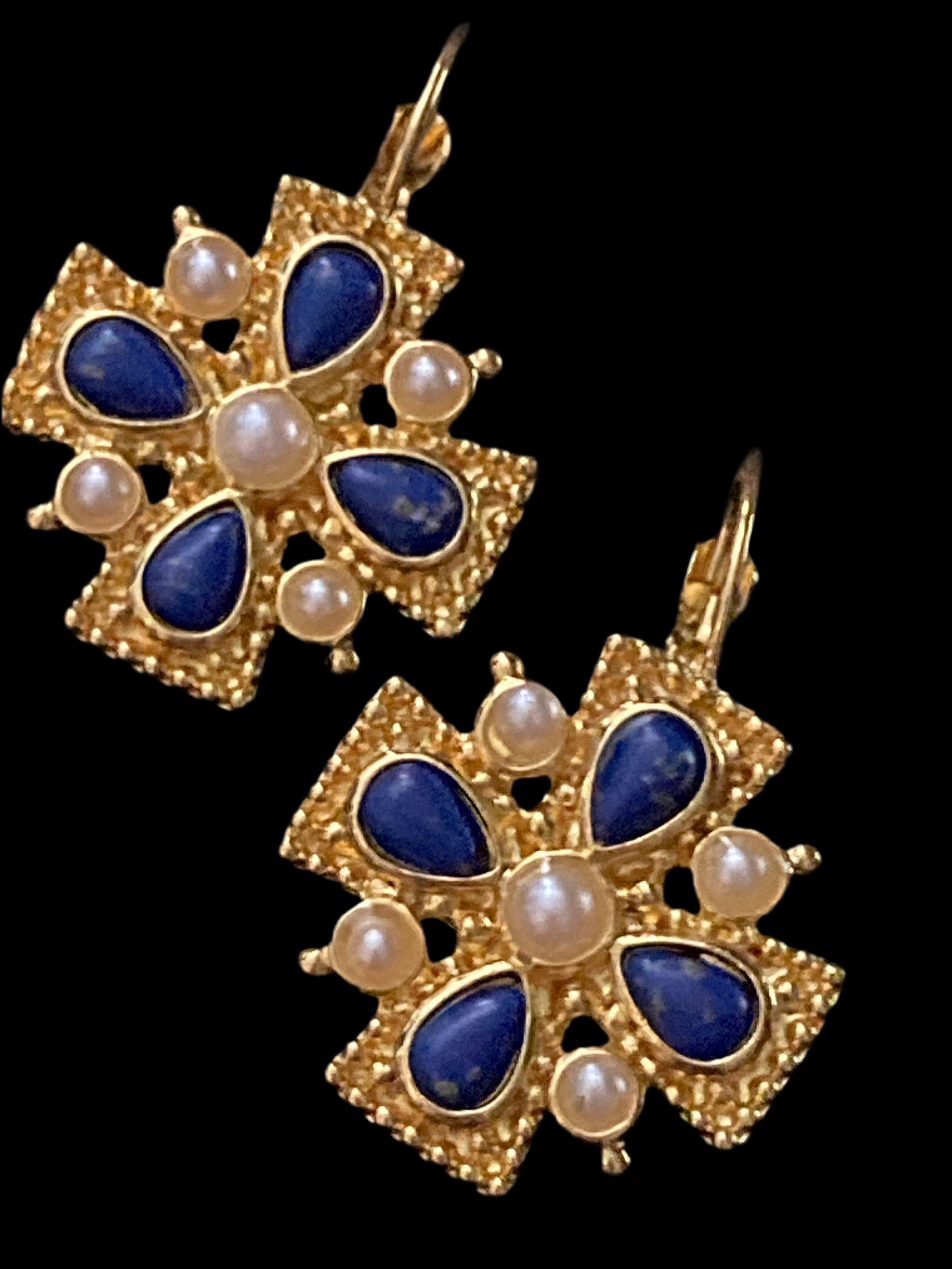 Etruscan medieval style Maltese cross lapis lazuli and pearl oversized drop earrings