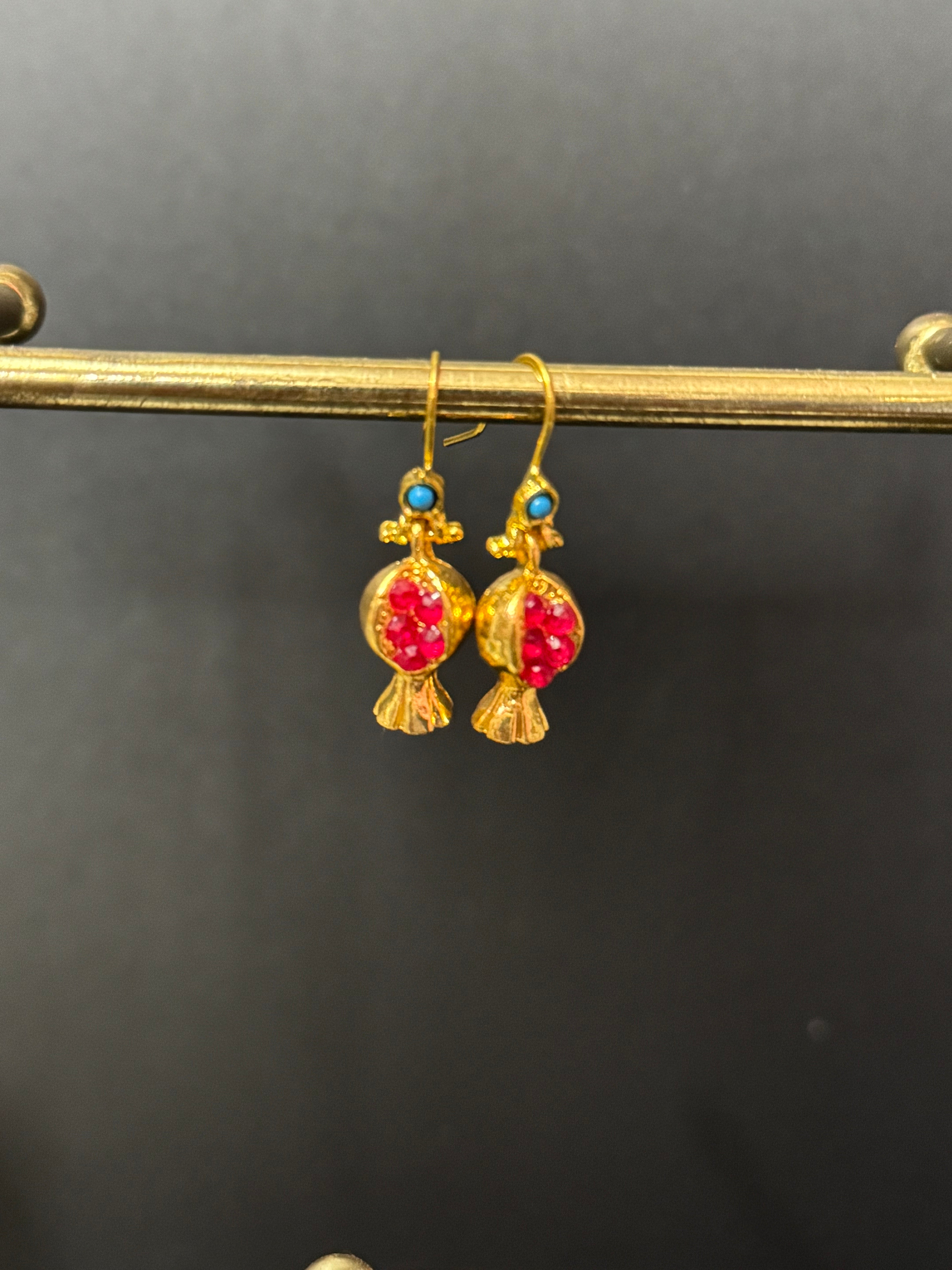 Small red and gold plated quirky pomegranate Christmas fruit earrings pierced