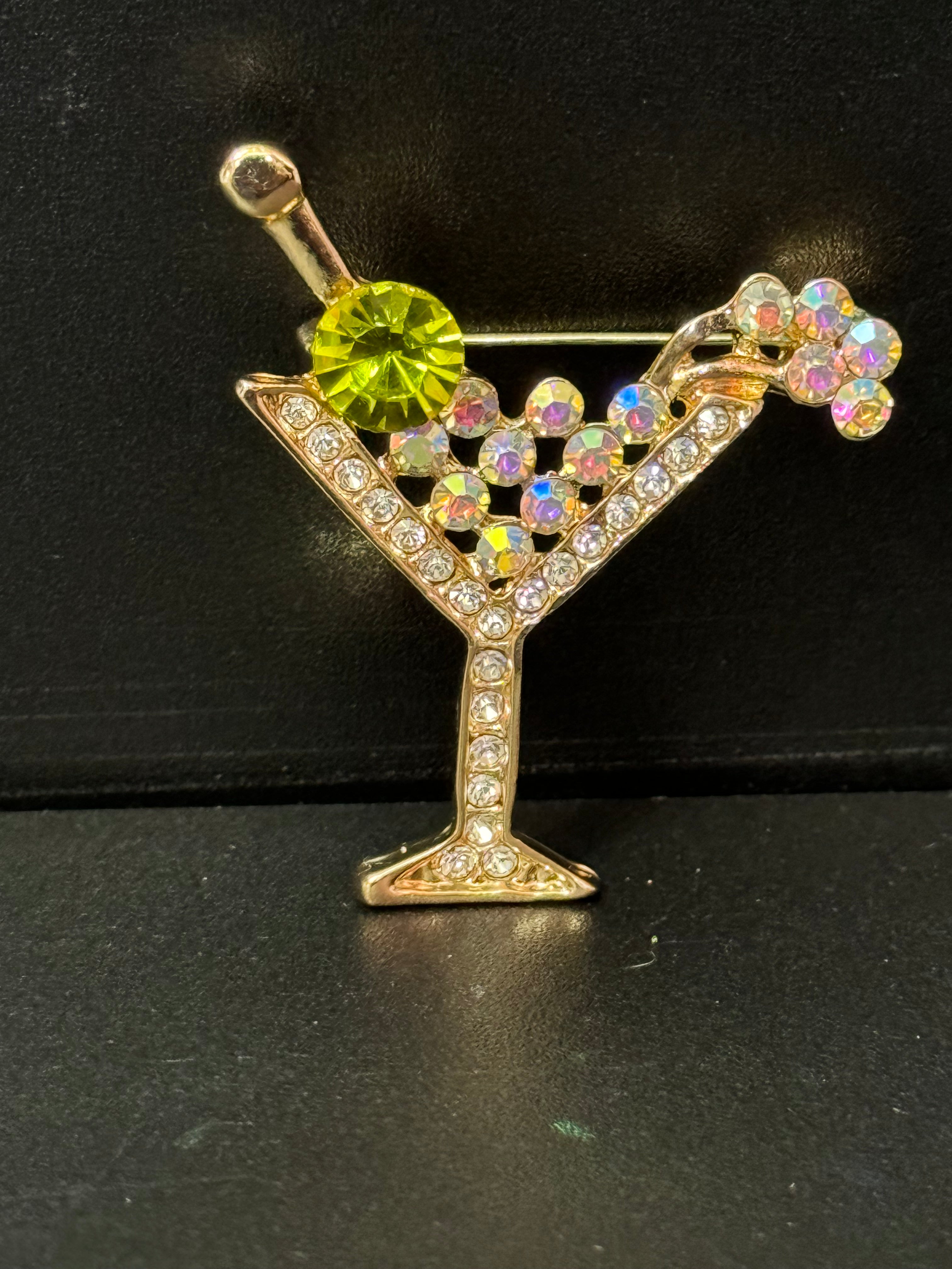 Champagne cocktail glass with green olive diamanté Crystal martini brooch gold tone