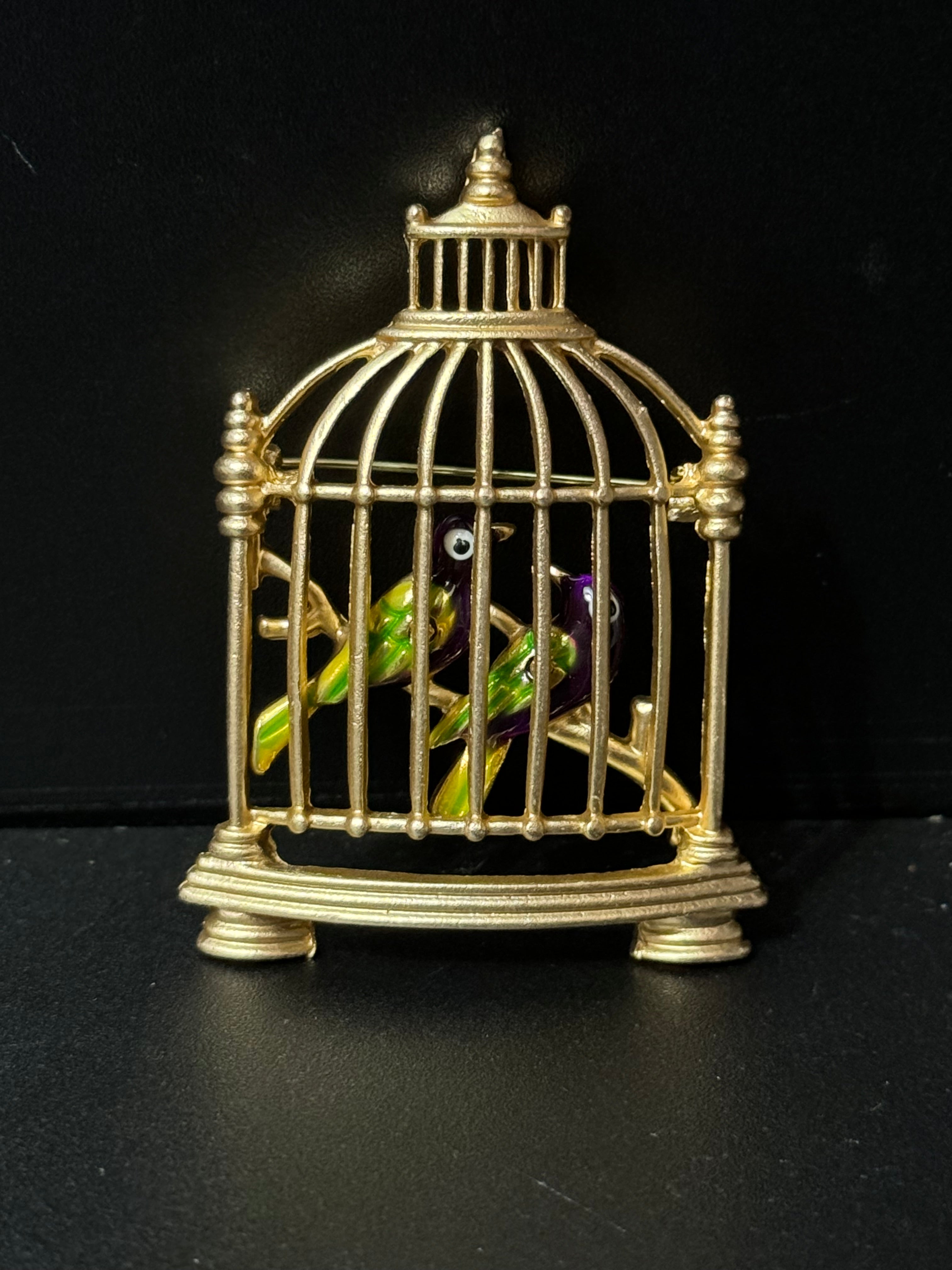 Novelty Green enamel birds in a cage gold tone large brooch