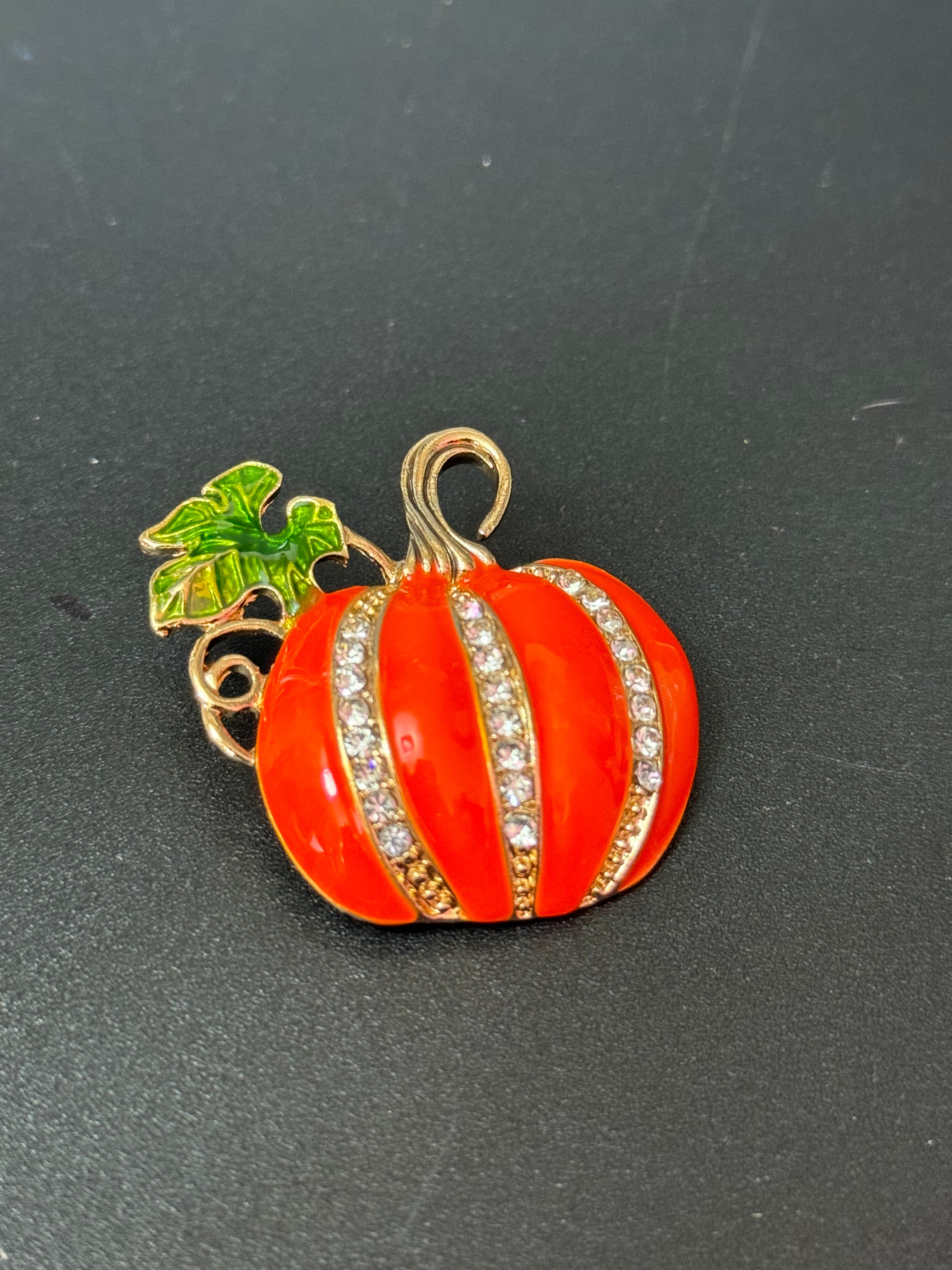 Bright orange crystal pumpkin brooch