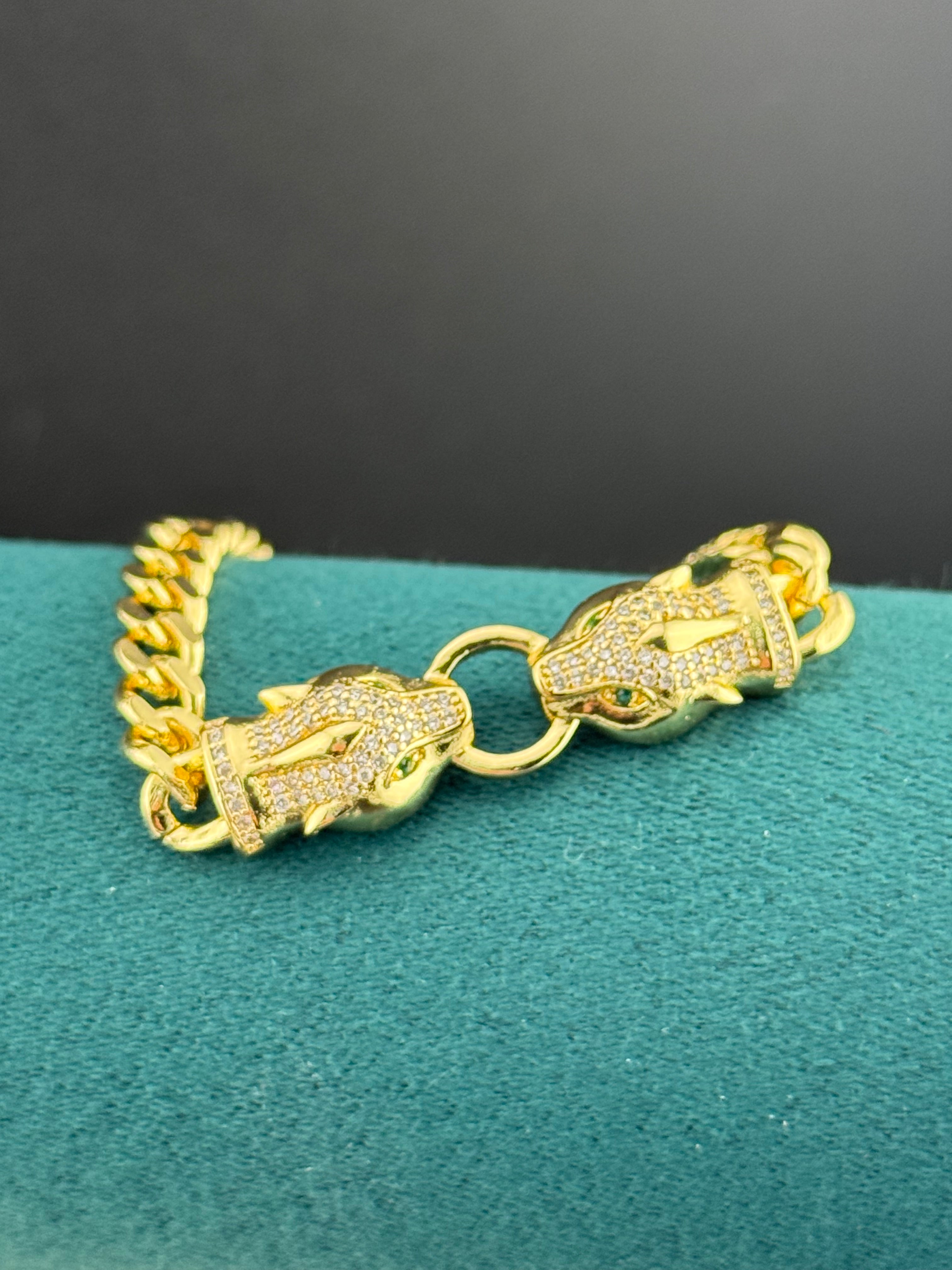 Classic gold plated diamanté CZ encrusted chain link Crystal Leopard Animal Bracelet