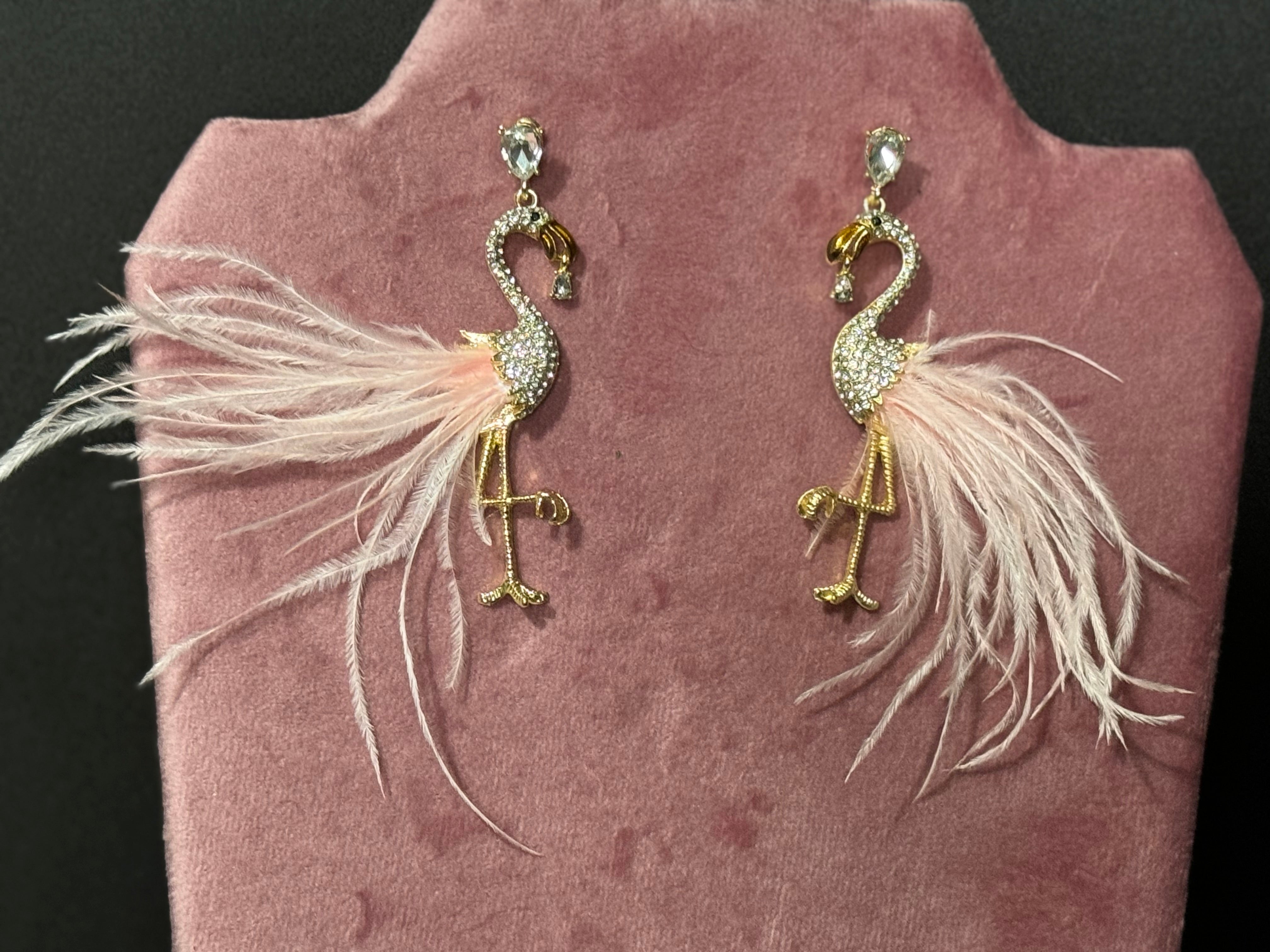 Baby pink feathered oversized clear diamanté flamingo dangly earrings