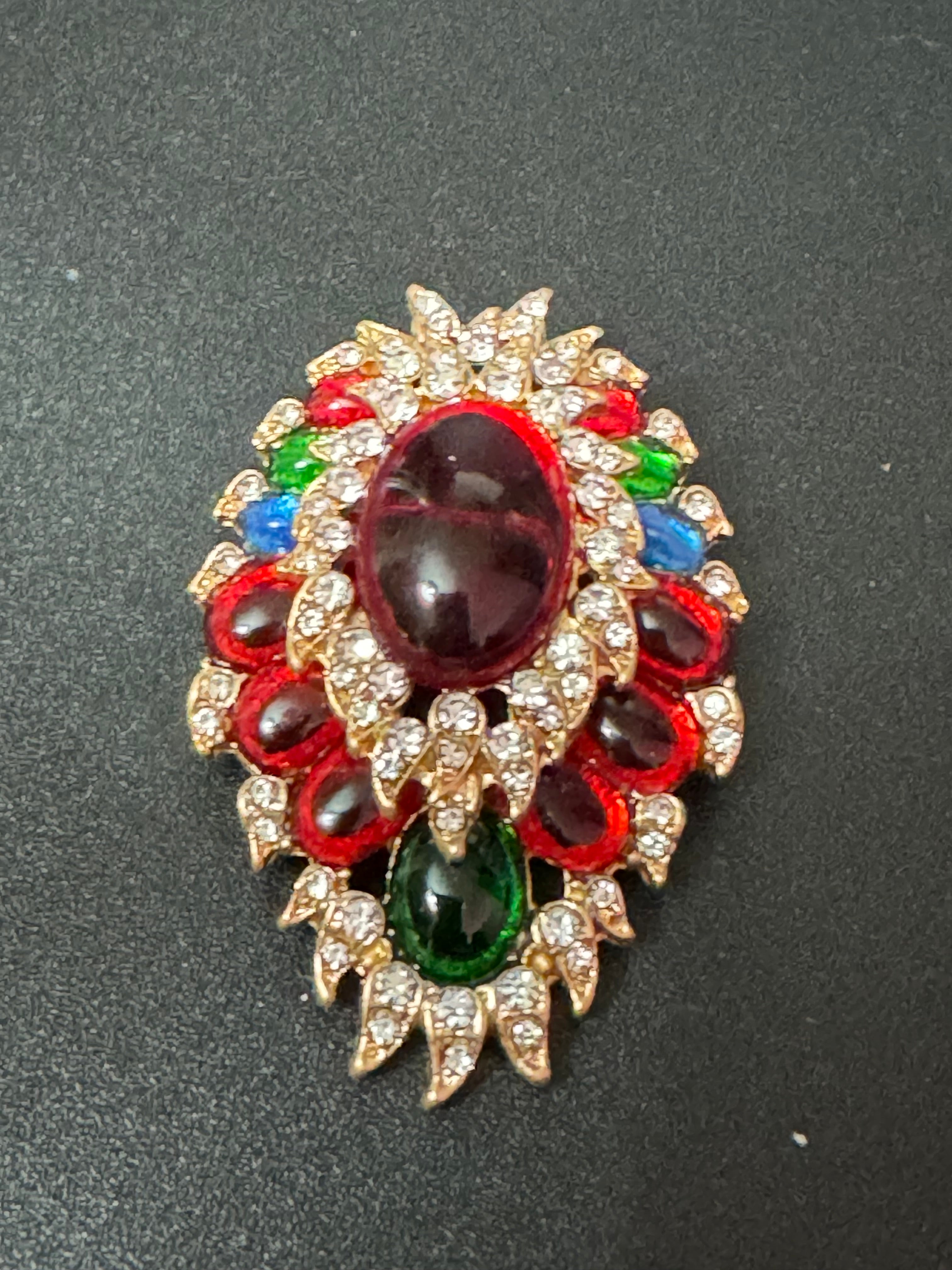 Large diamanté red green blue oval cabochon brooch Gripoix style