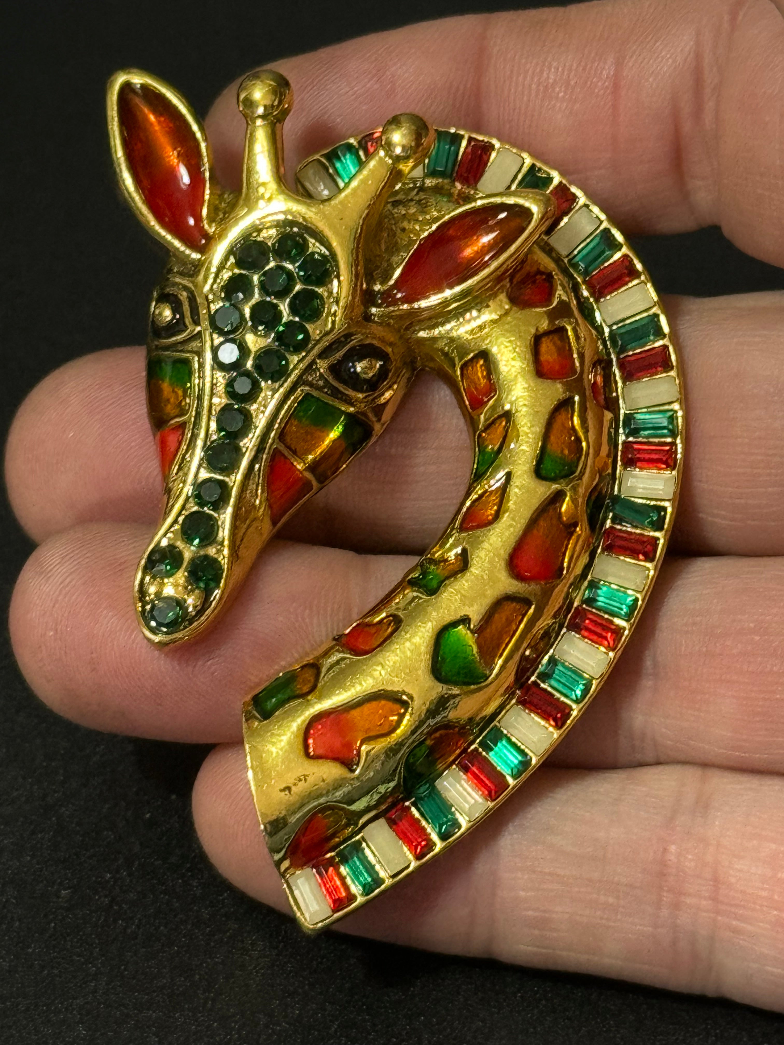 Large gold giraffe brooch orange and green enamel and black diamanté