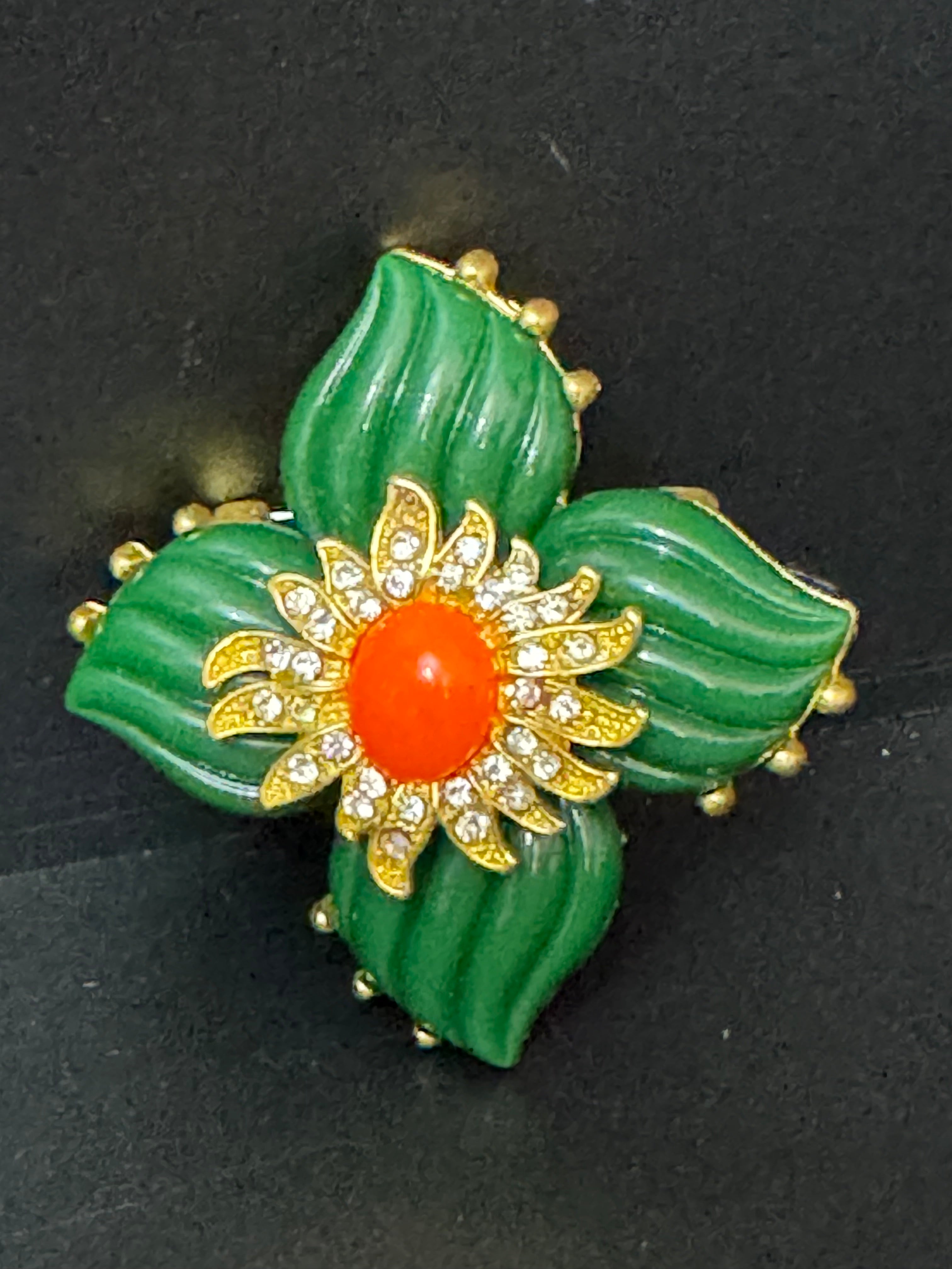 Medieval style Large faux coral and green diamanté rhinestone cross brooch