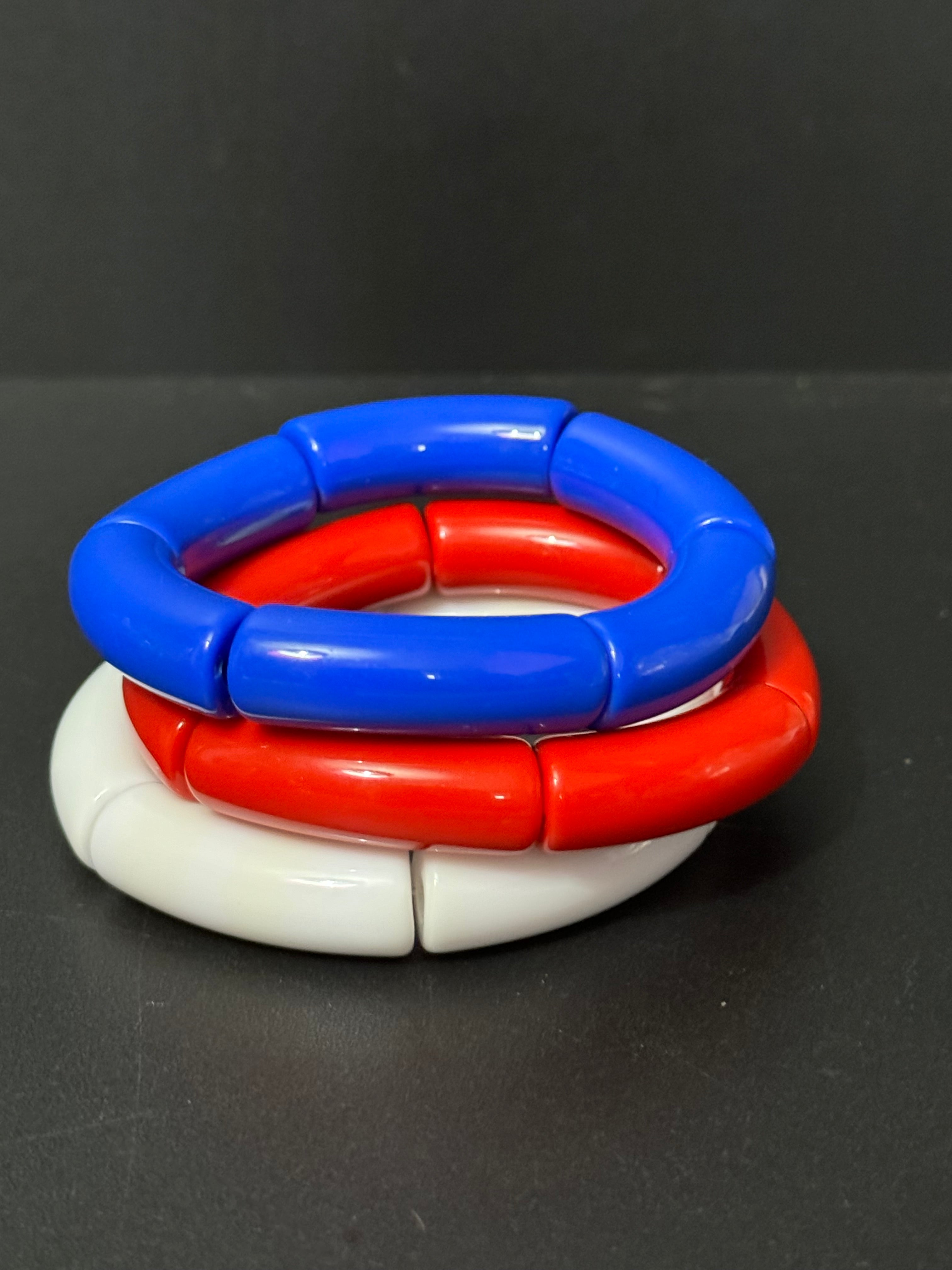 Patriotic trio of red white and blue arm stretch bangle bracelets