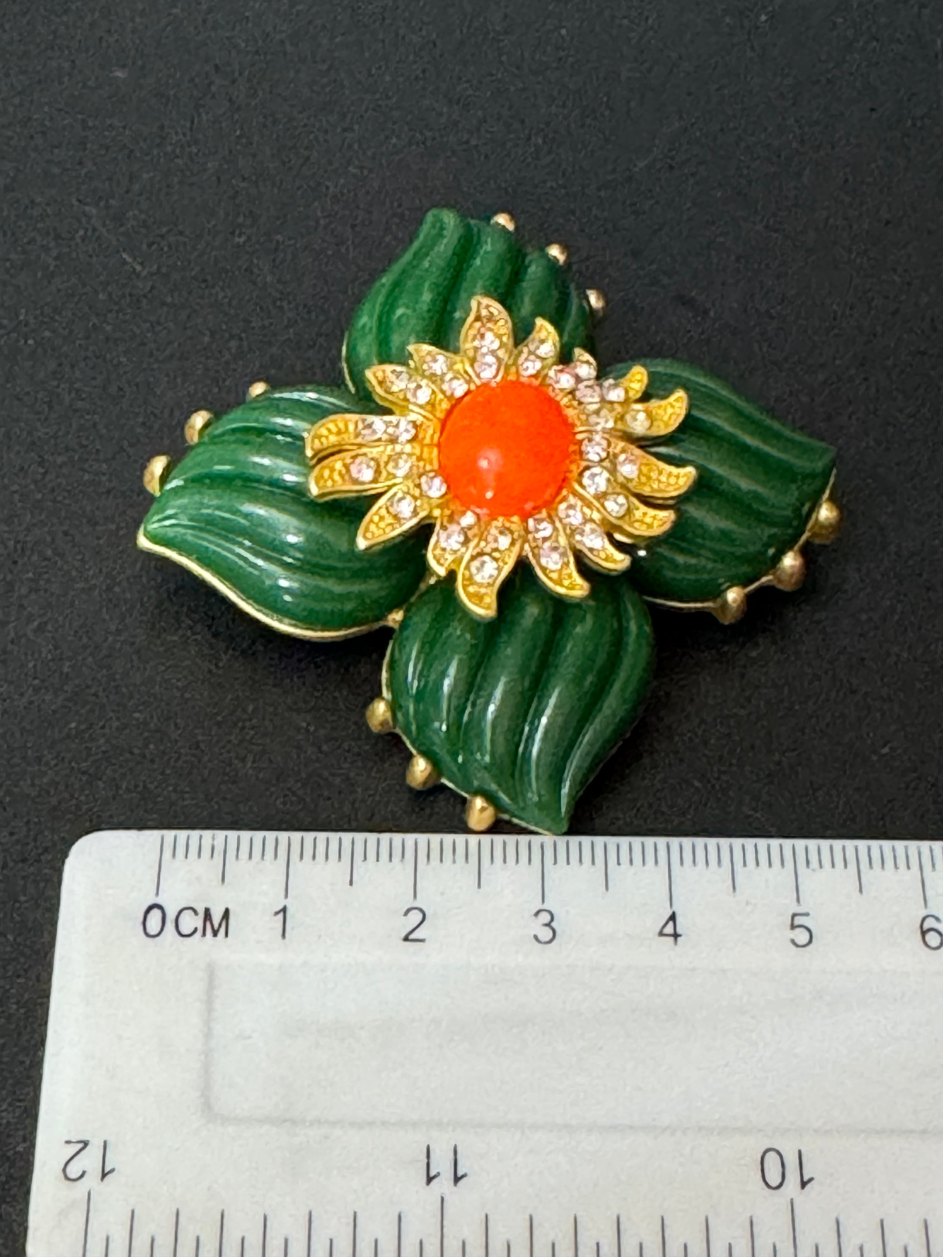 Medieval style Large faux coral and green diamanté rhinestone cross brooch