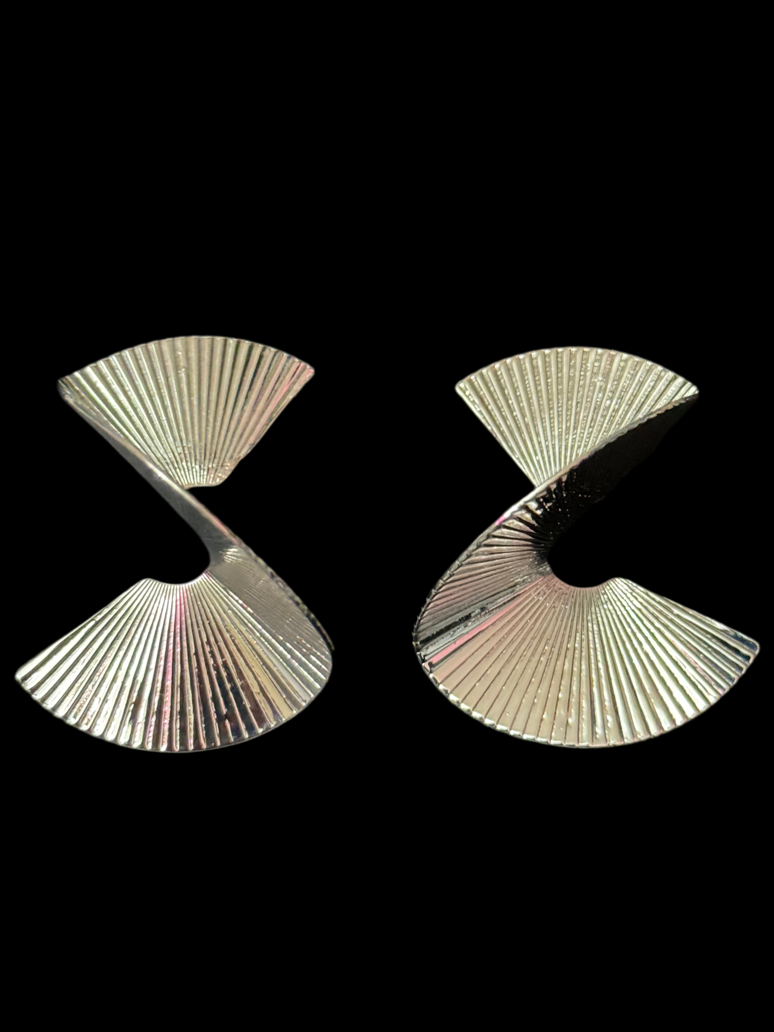 Oversized twisted abstract fan earrings silver tone