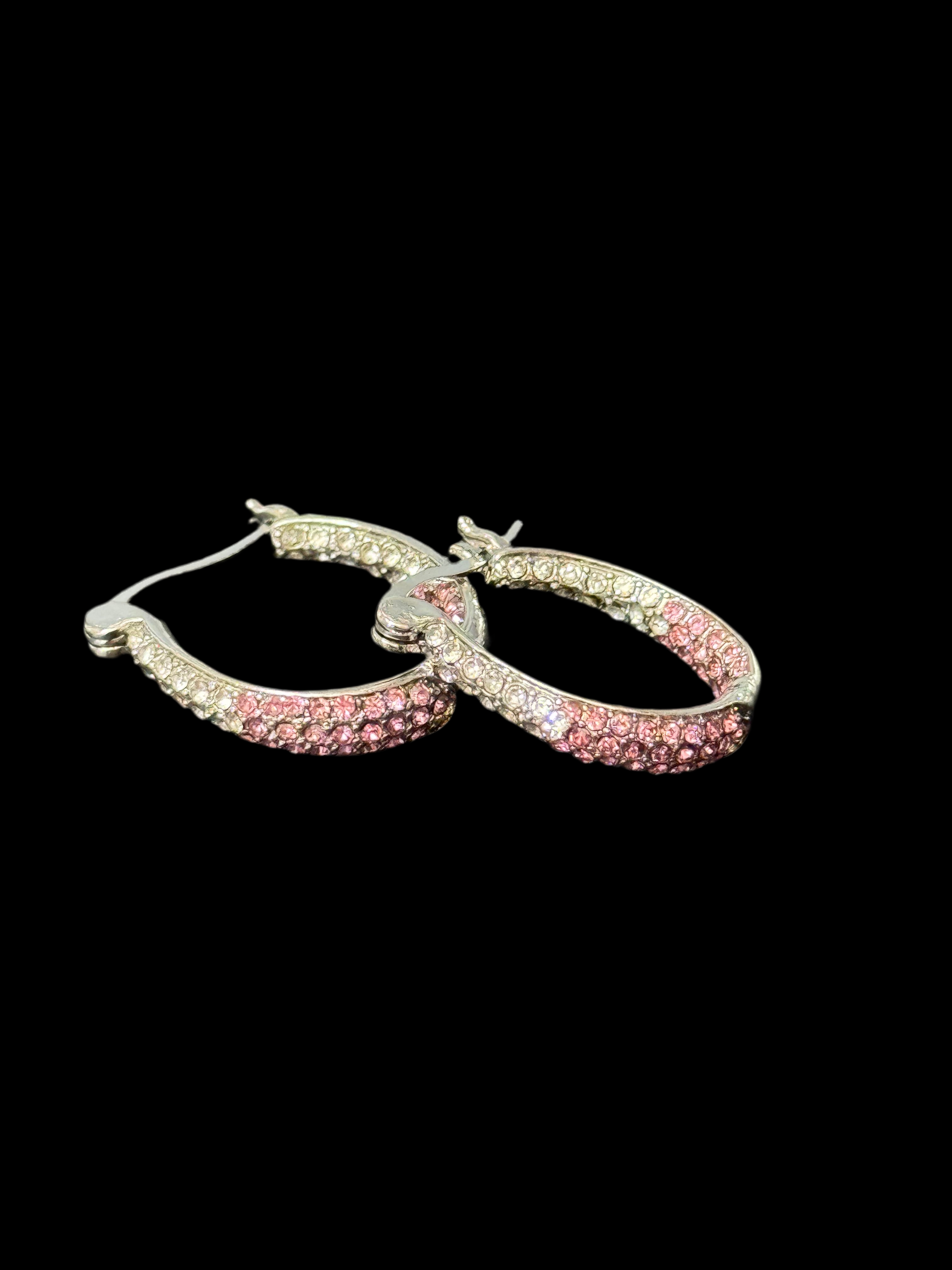 Pink & clear diamanté Crystal silver tone  small oval hoop earrings