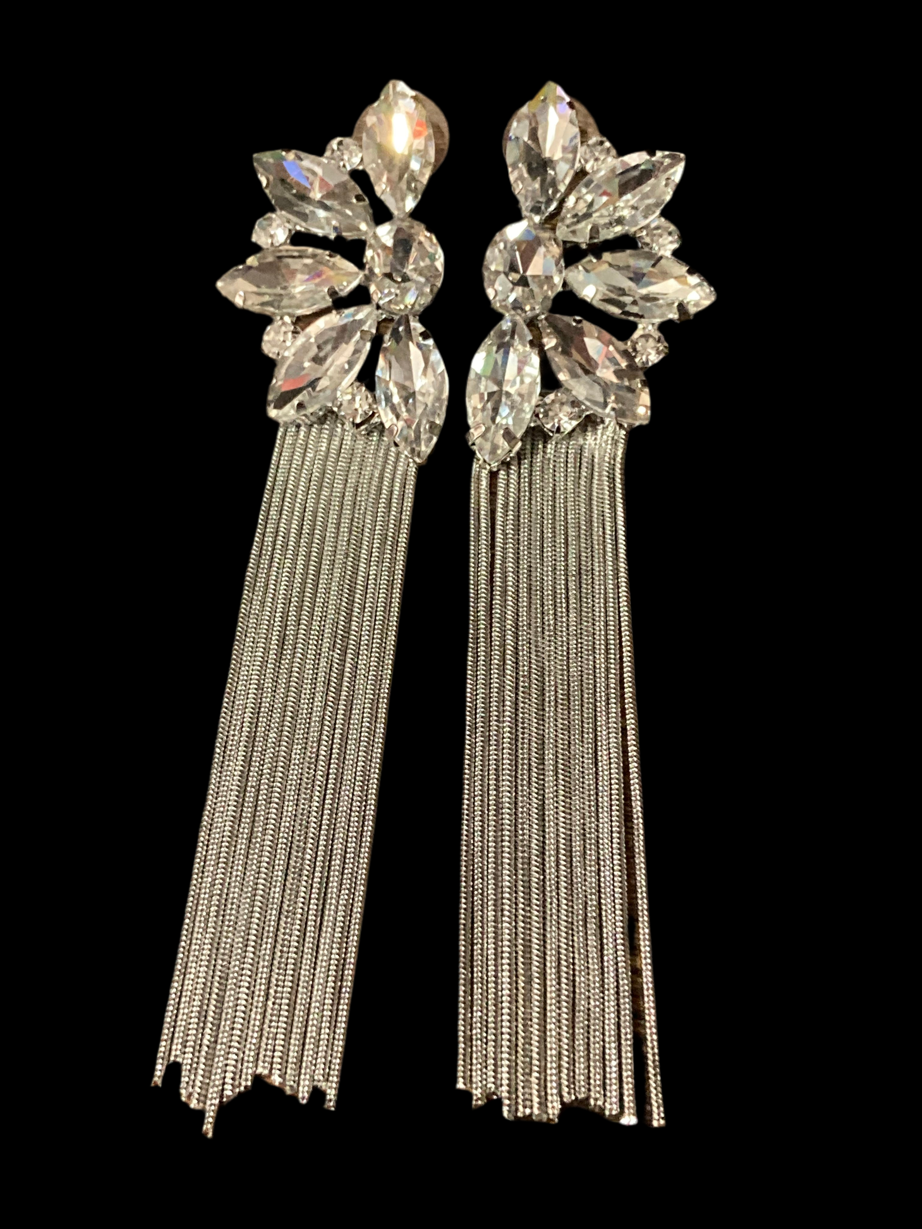 Diamanté silver long tassel earrings