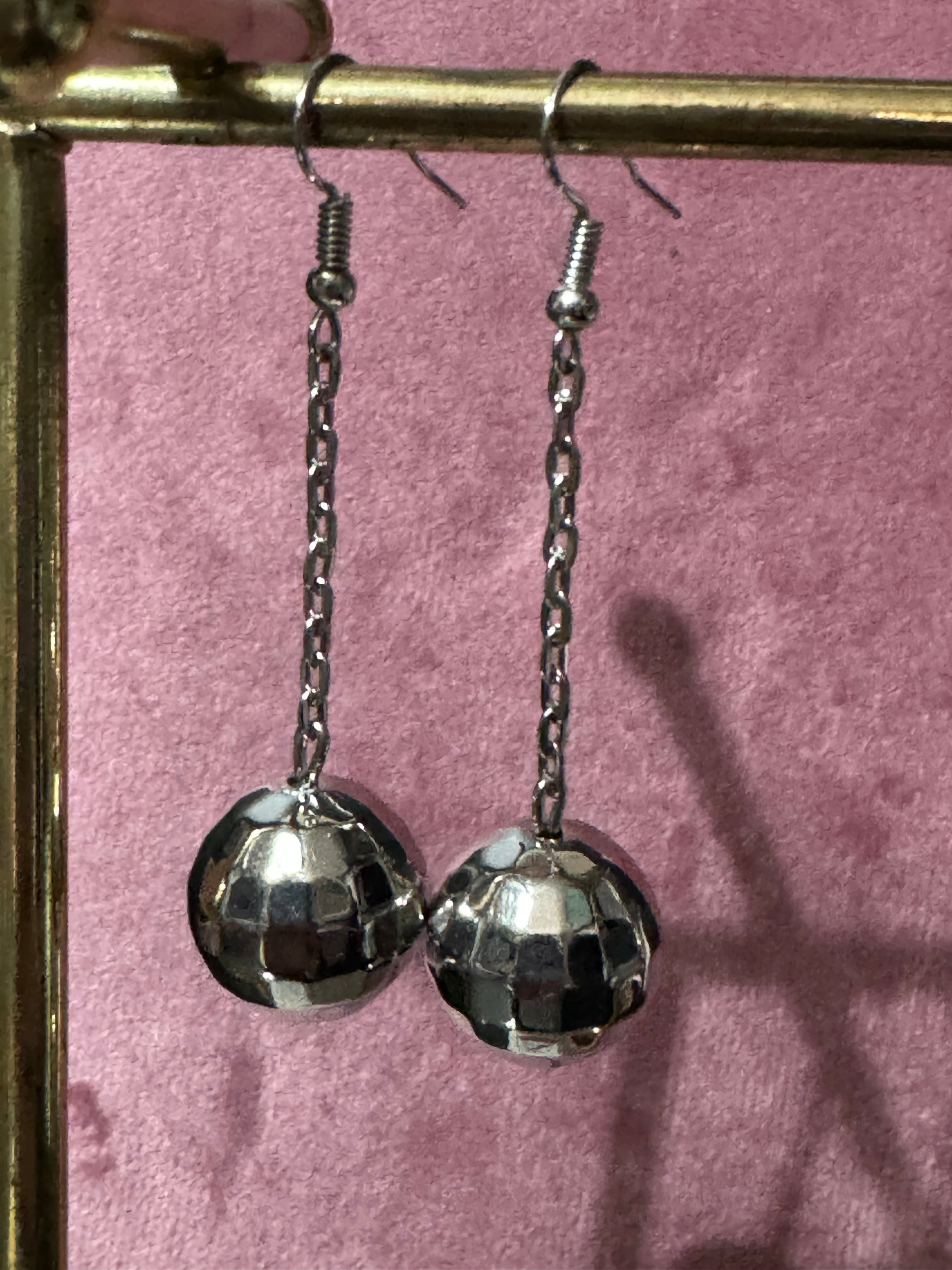 Silver chain link disco ball dangly earrings