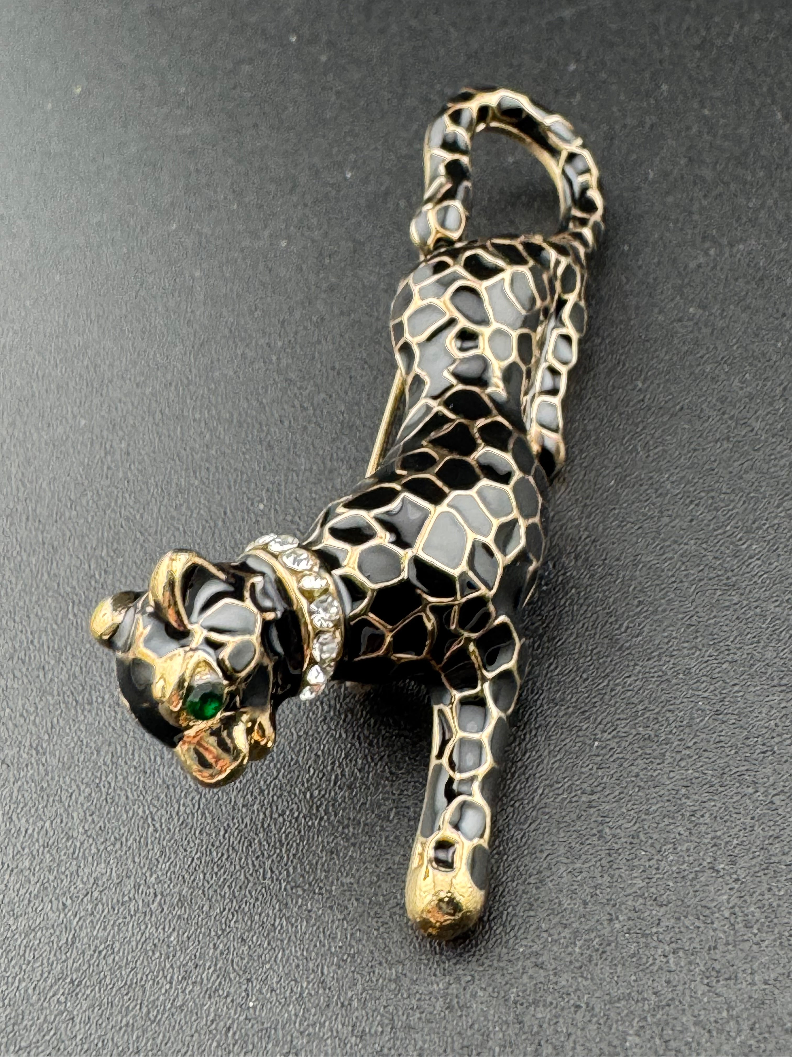 Black enamel crystal Big Cat leopard panther puma brooch gold tone