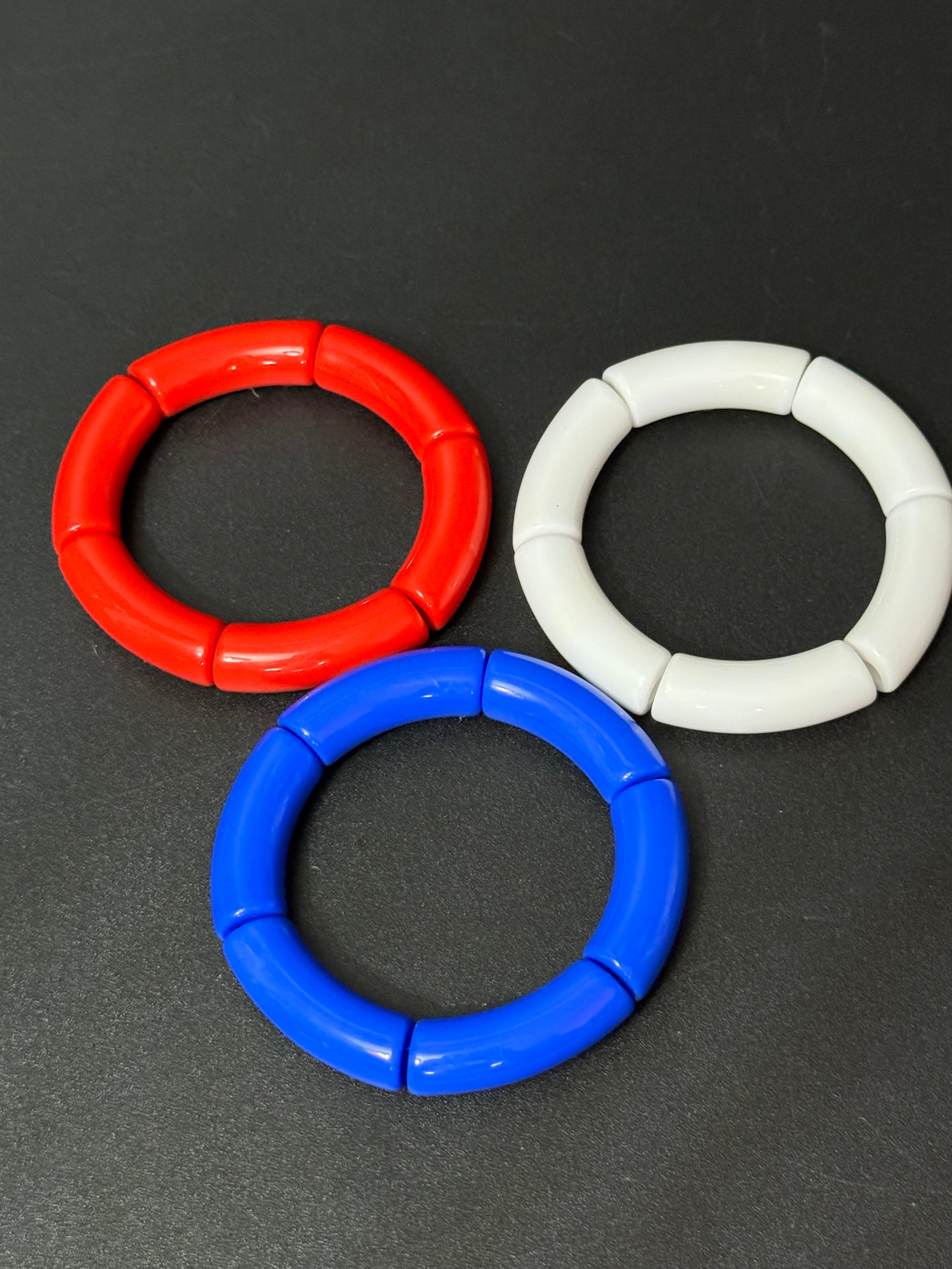 Patriotic trio of red white and blue arm stretch bangle bracelets