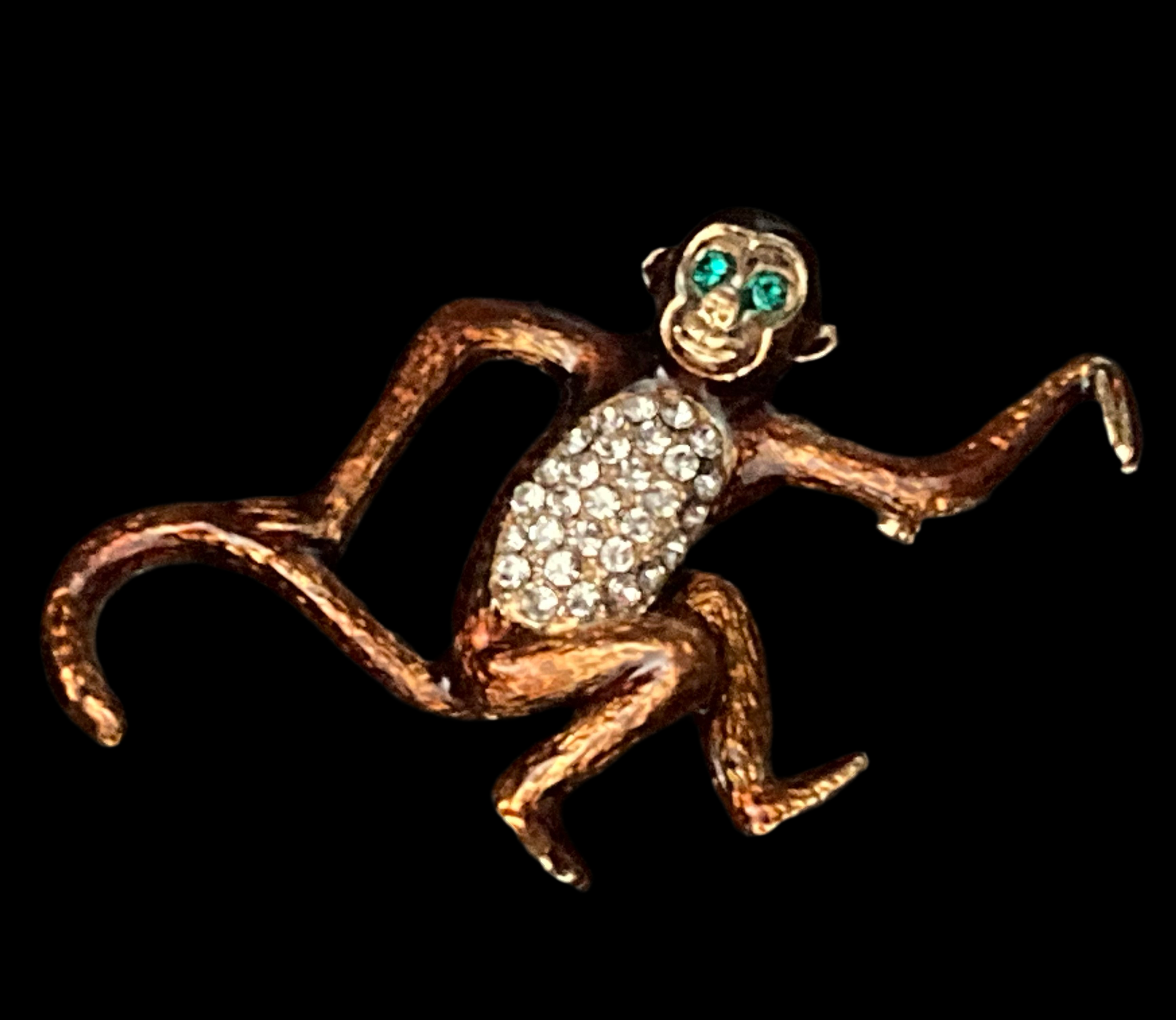 Brown enamel diamanté monkey brooch