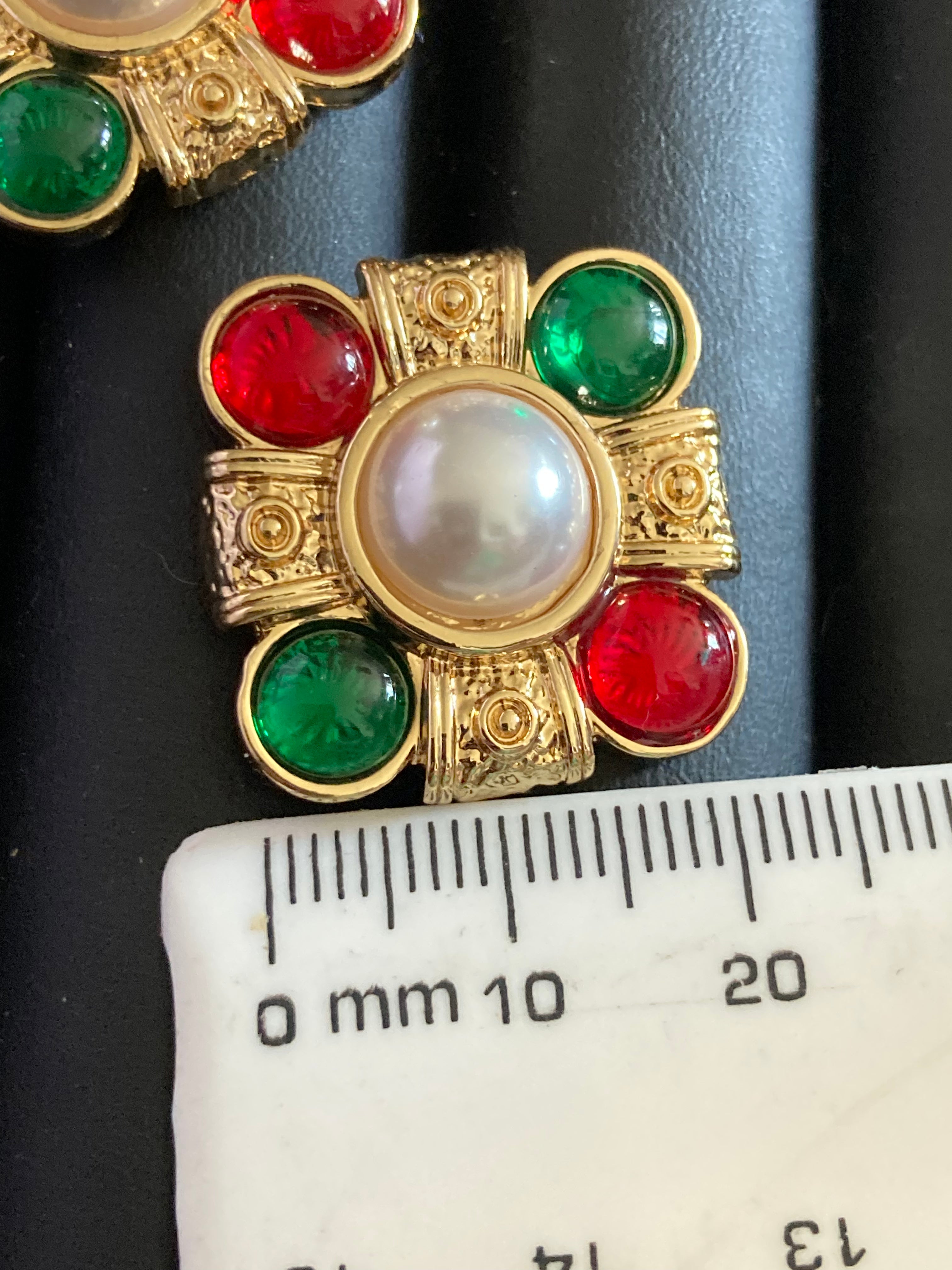 gold emerald ruby faux pearl gripoix style cabochon square pierced stud earrings