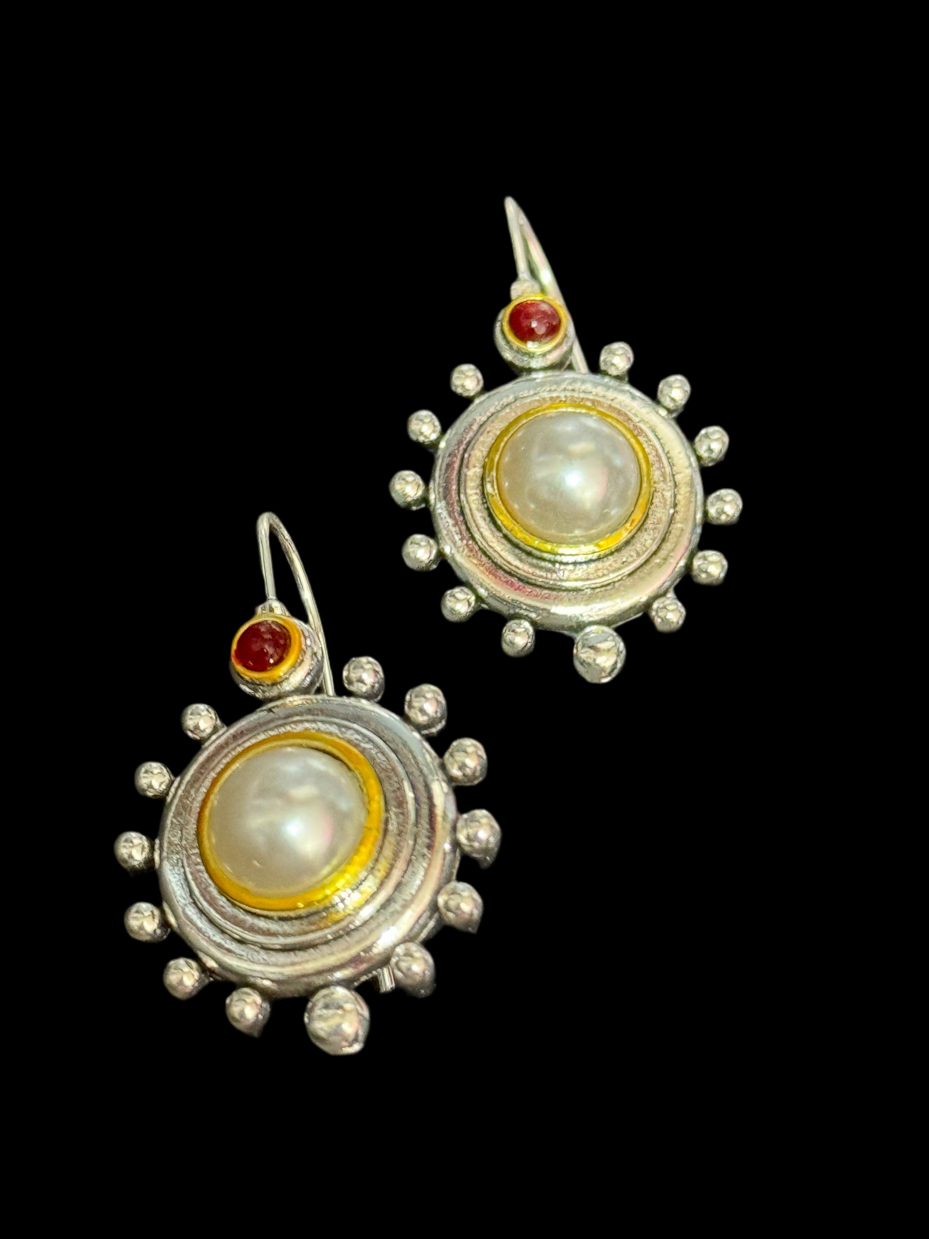 Etruscan silver tone medieval style faux pearl and ruby drop earrings