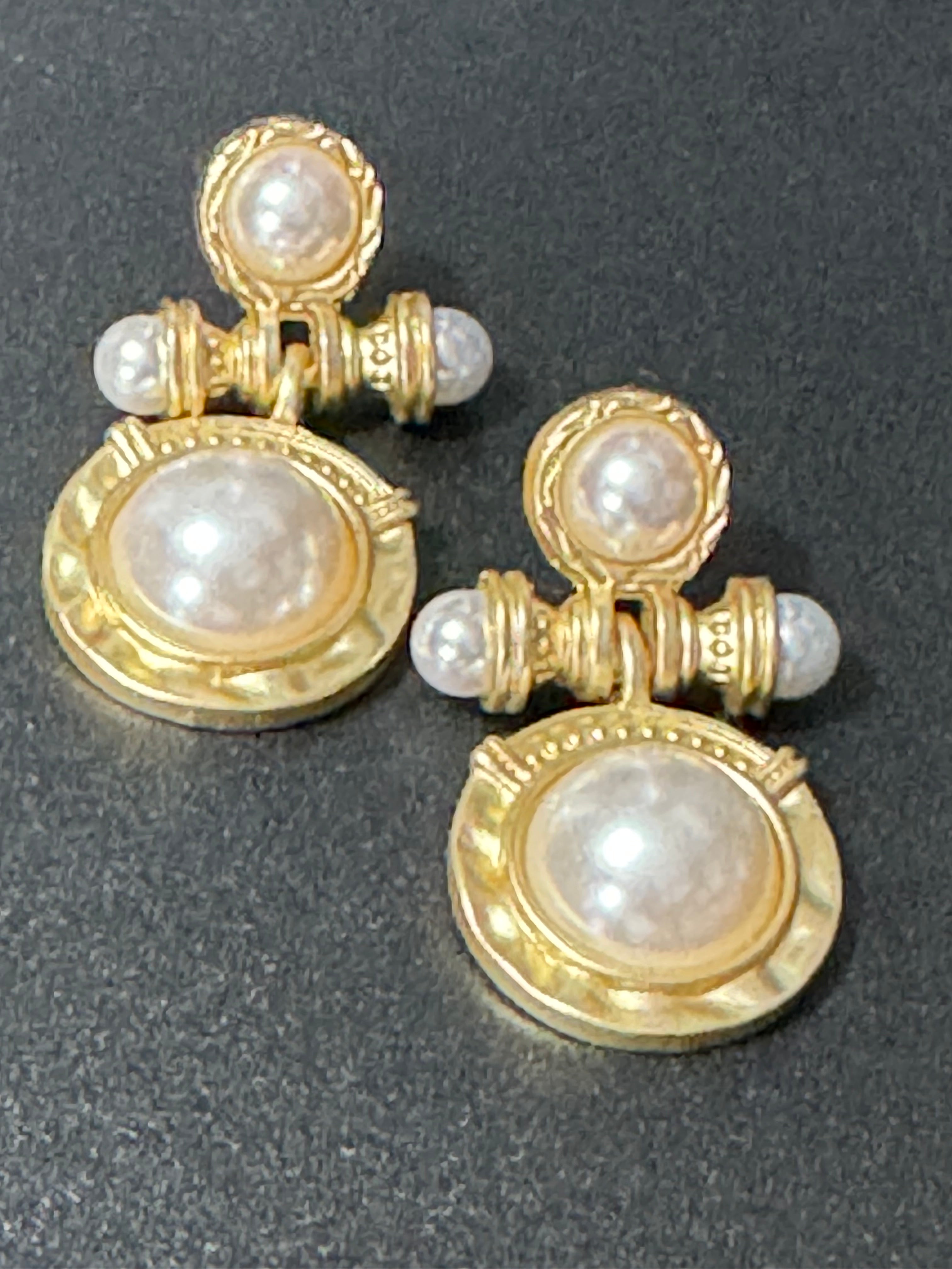 Etruscan style gold pearl cabochon drop pierced earrings