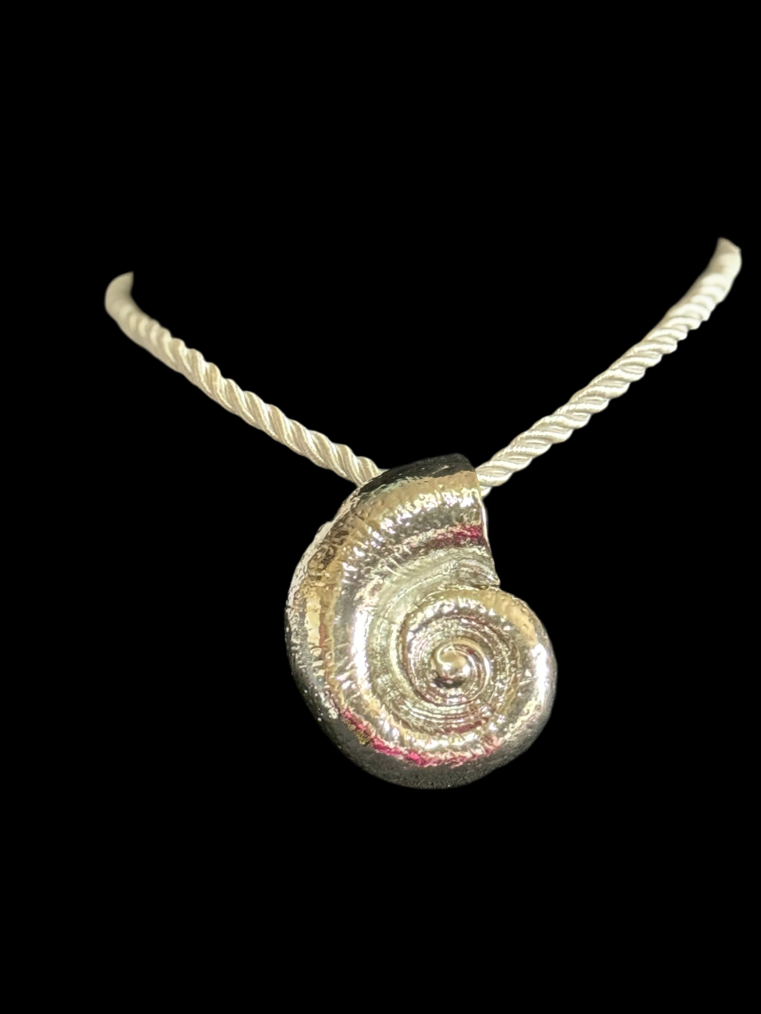 Oversized silver seashell ammonite nautical shell necklace on white cord