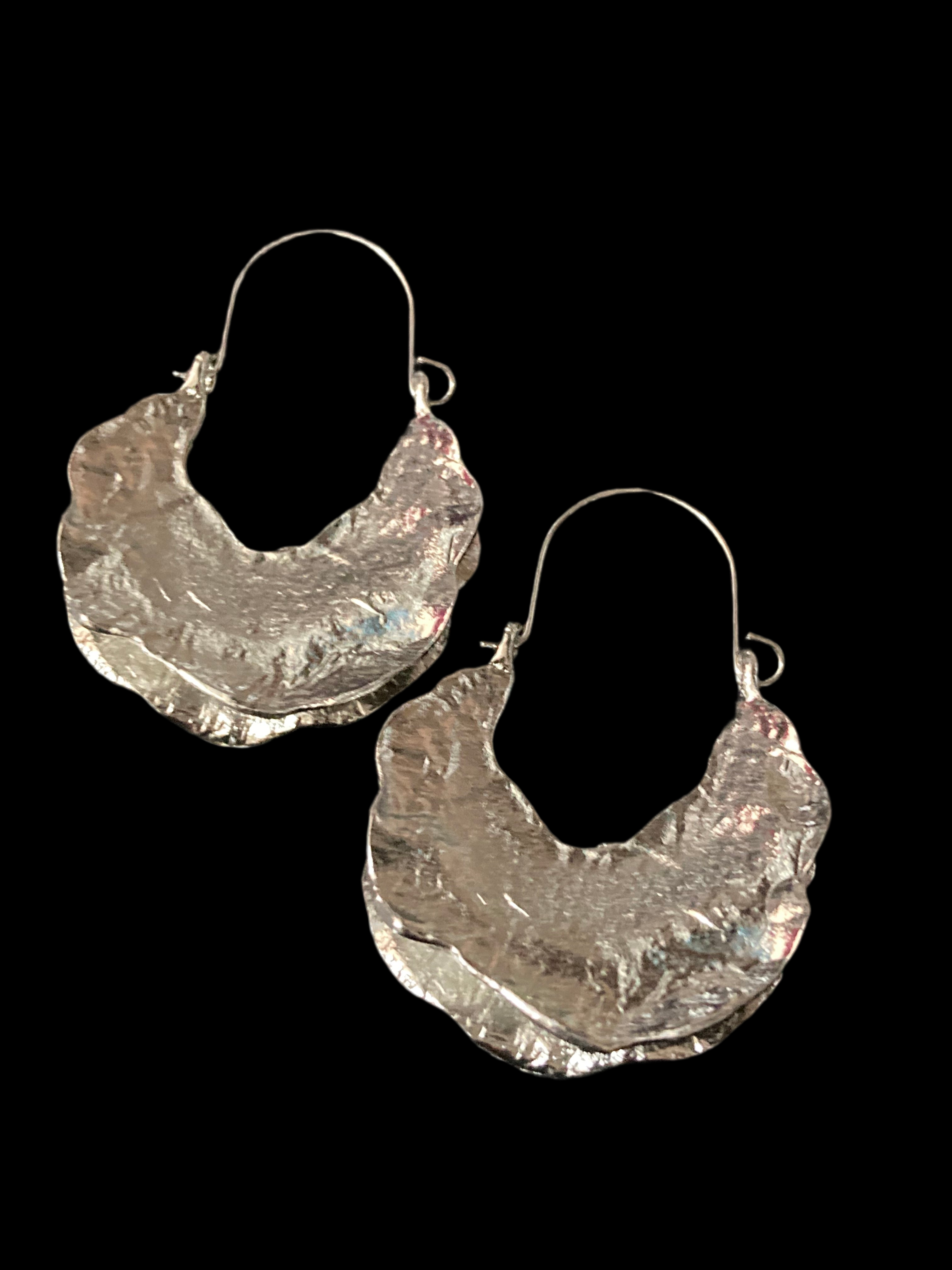 Silver Modernist beaten metal large creole hoop earrings