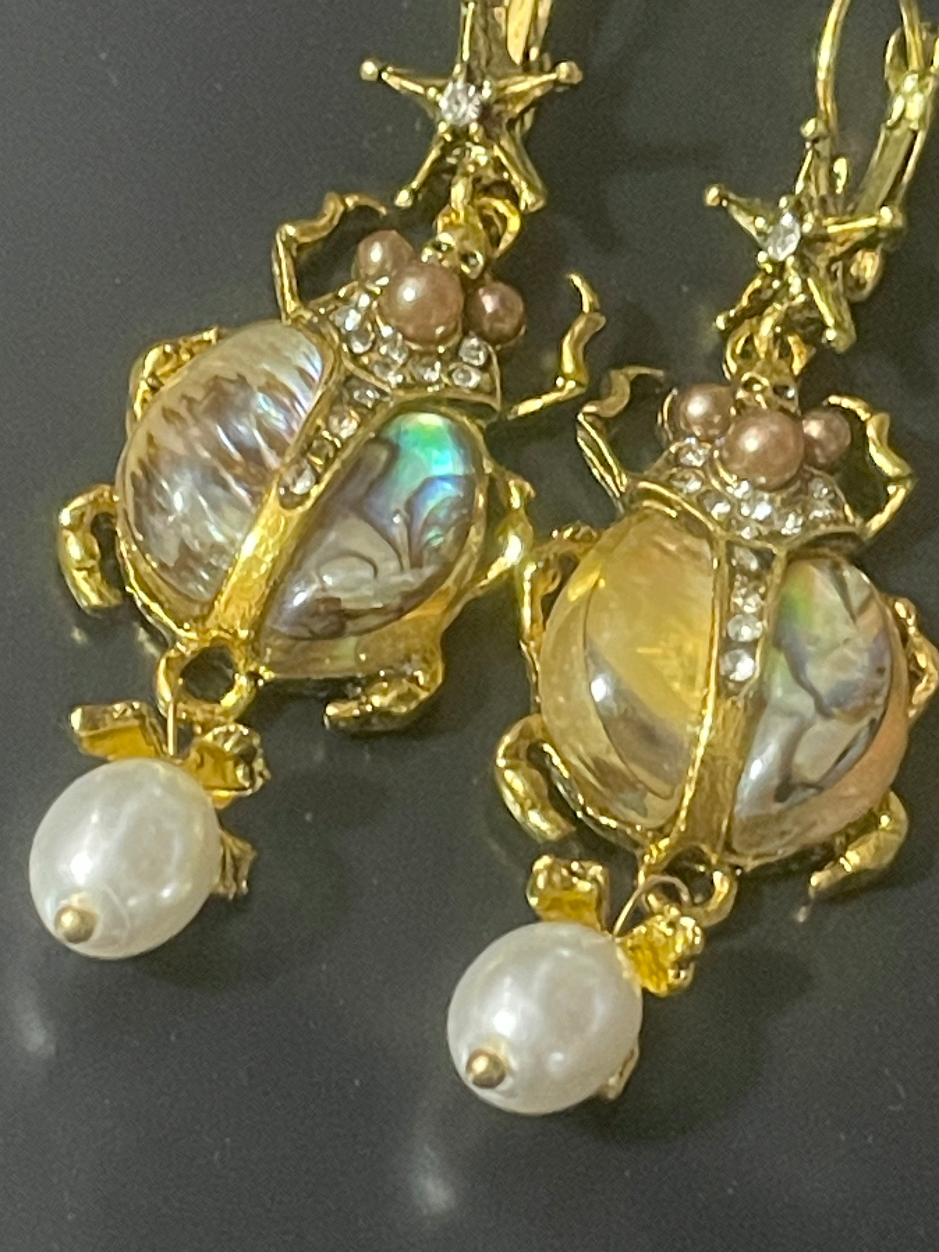 Abalone shell long faux pearl beetle insect earrings gold tone pierced