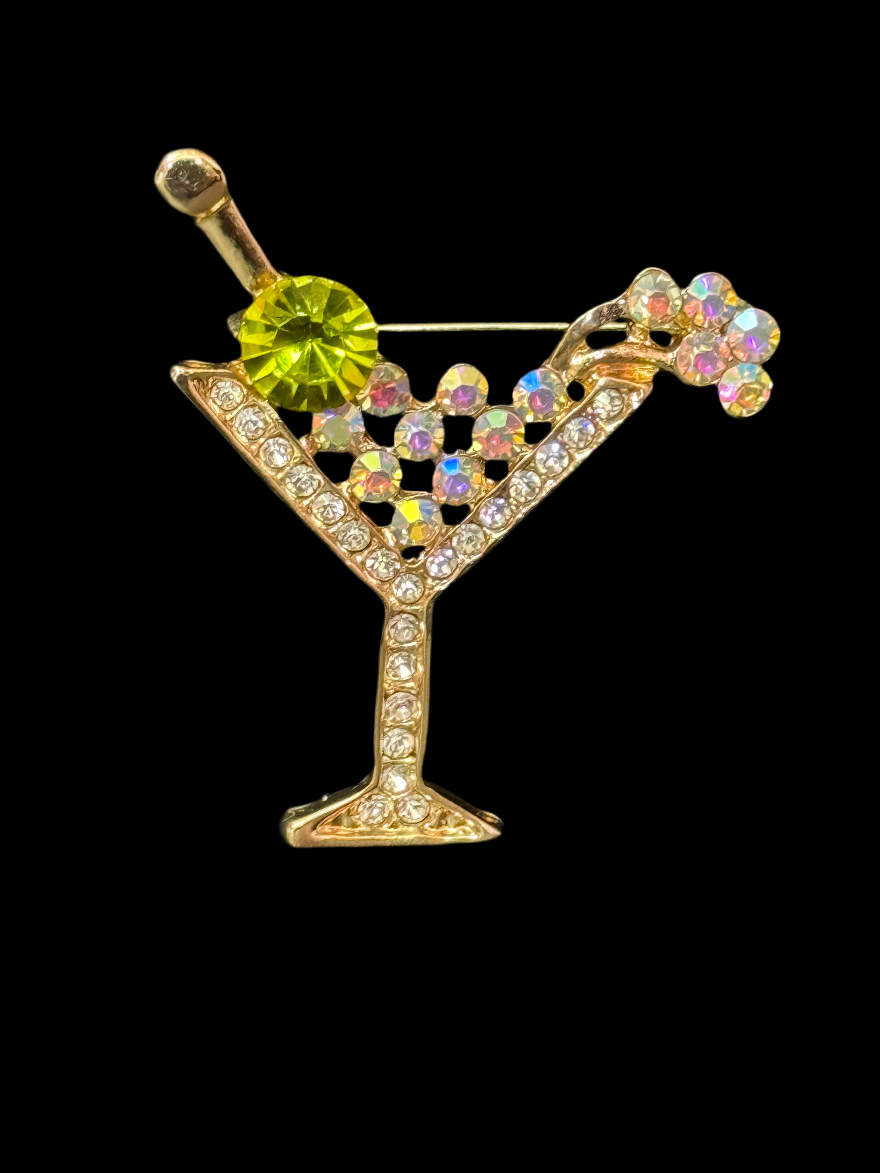 Champagne cocktail glass with green olive diamanté Crystal martini brooch gold tone