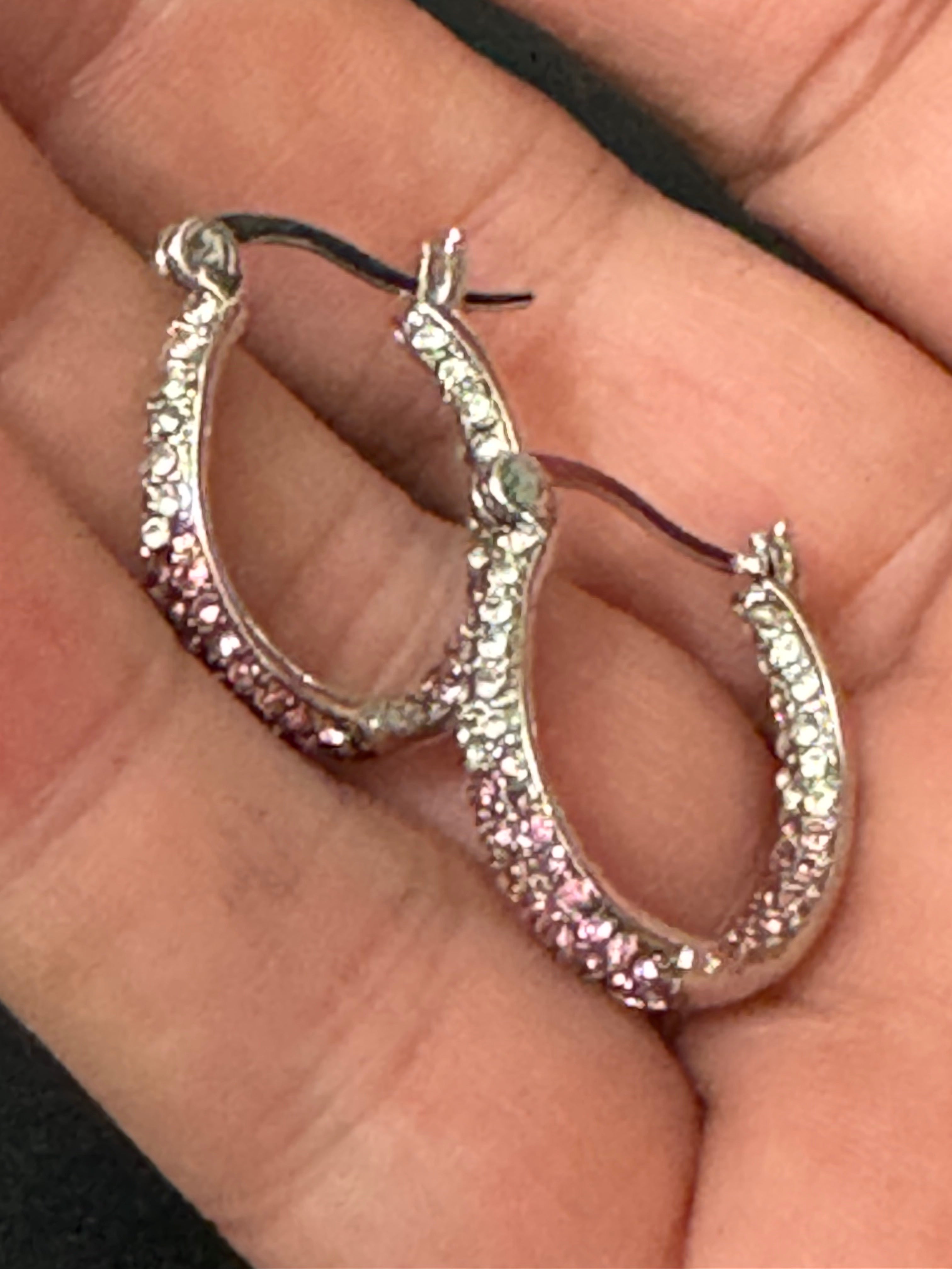 Pink & clear diamanté Crystal silver tone  small oval hoop earrings