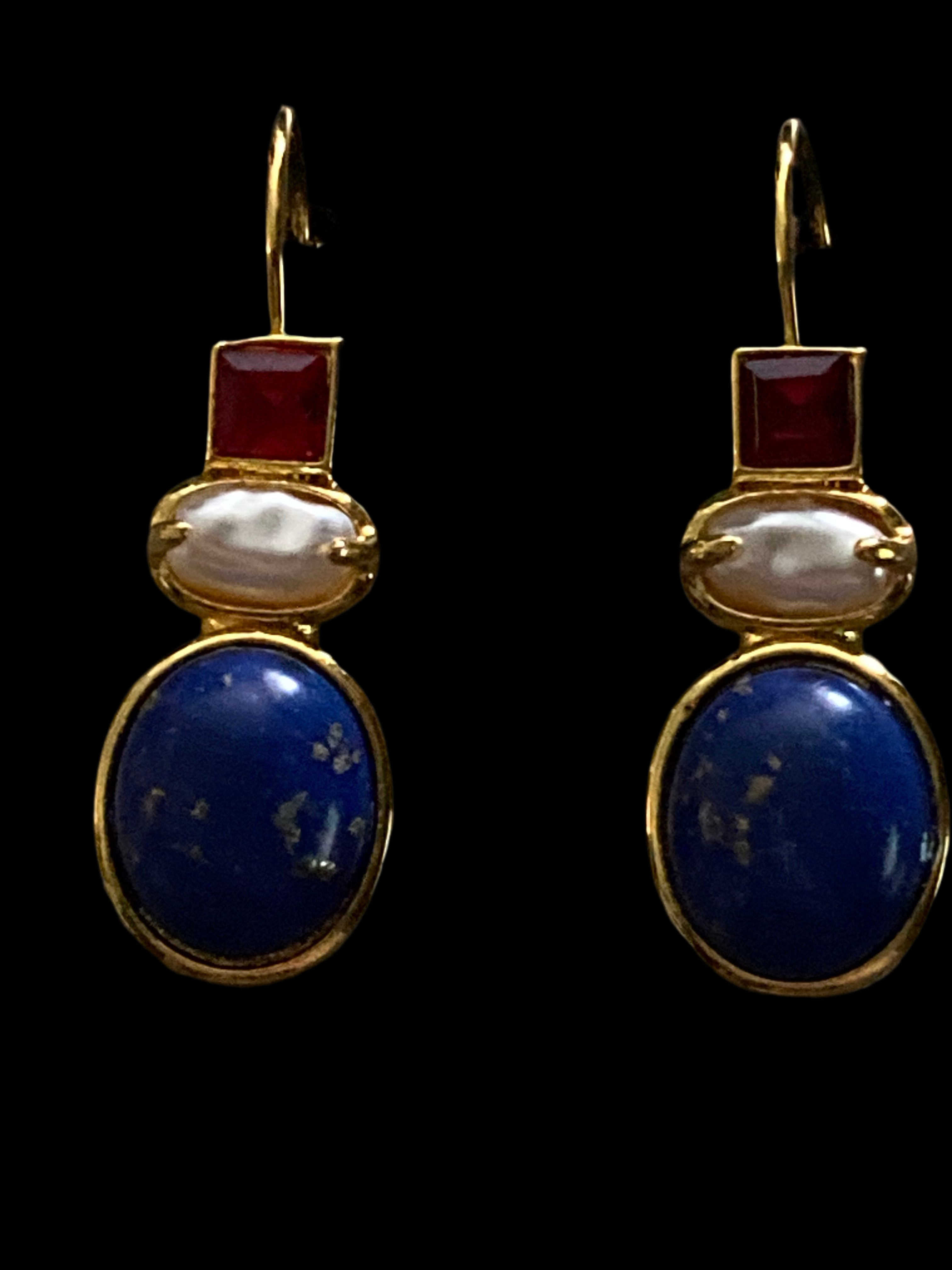 Gold tone faux lapis lazuli pearl and ruby red diamanté drop earrings