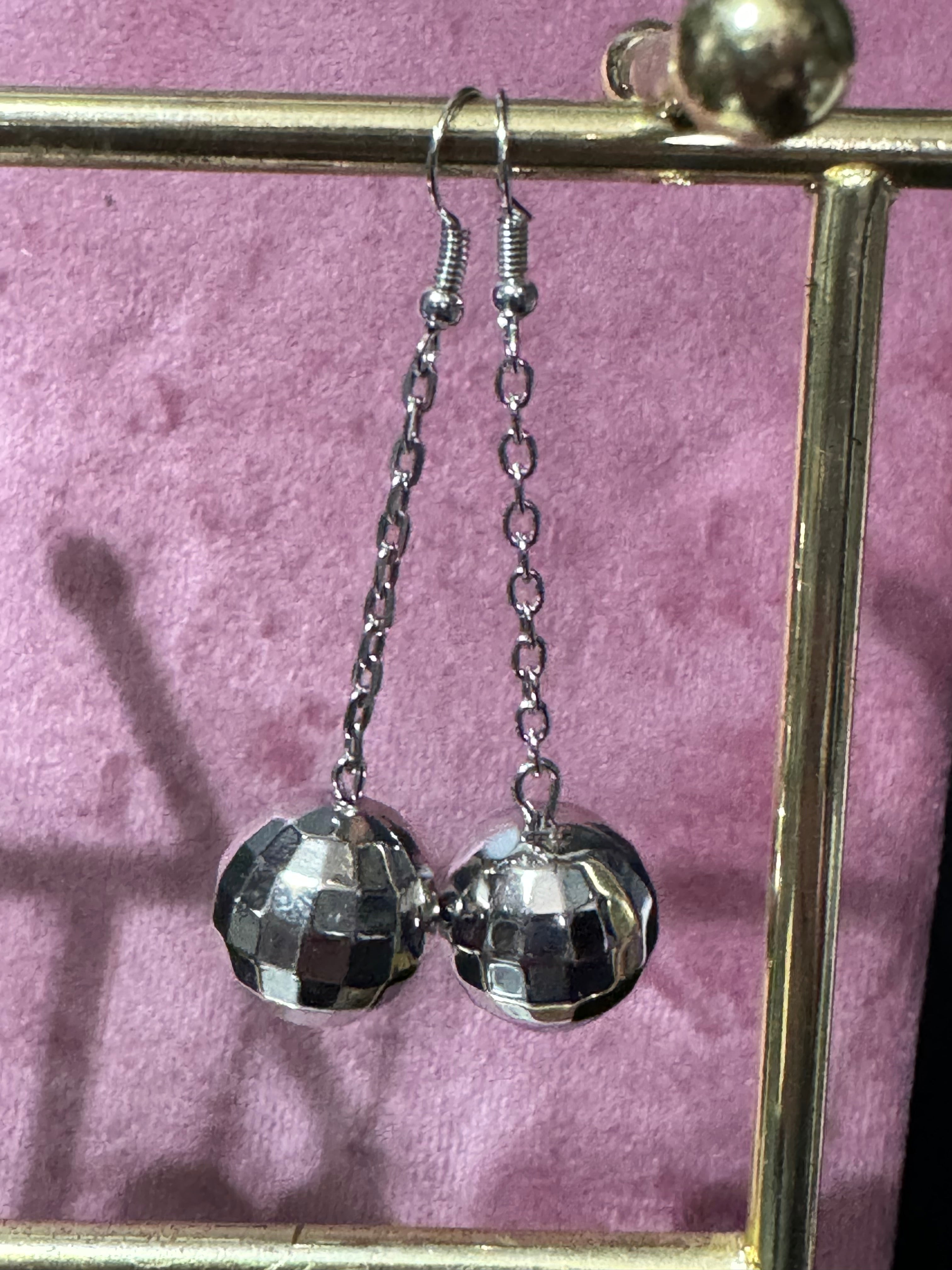 Silver chain link disco ball dangly earrings