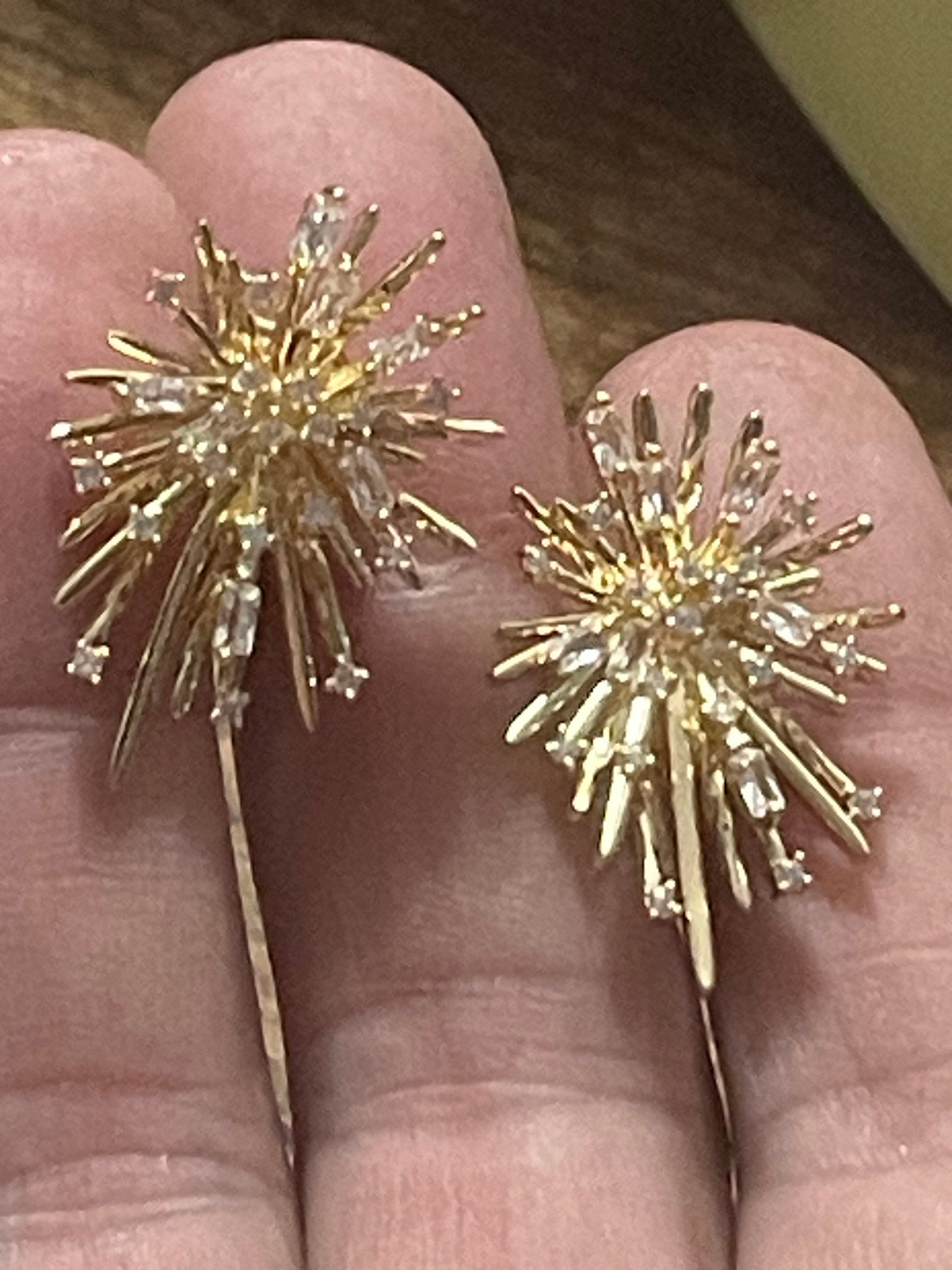 Modernist brutalist style gold diamanté atomic starburst clip on earrings