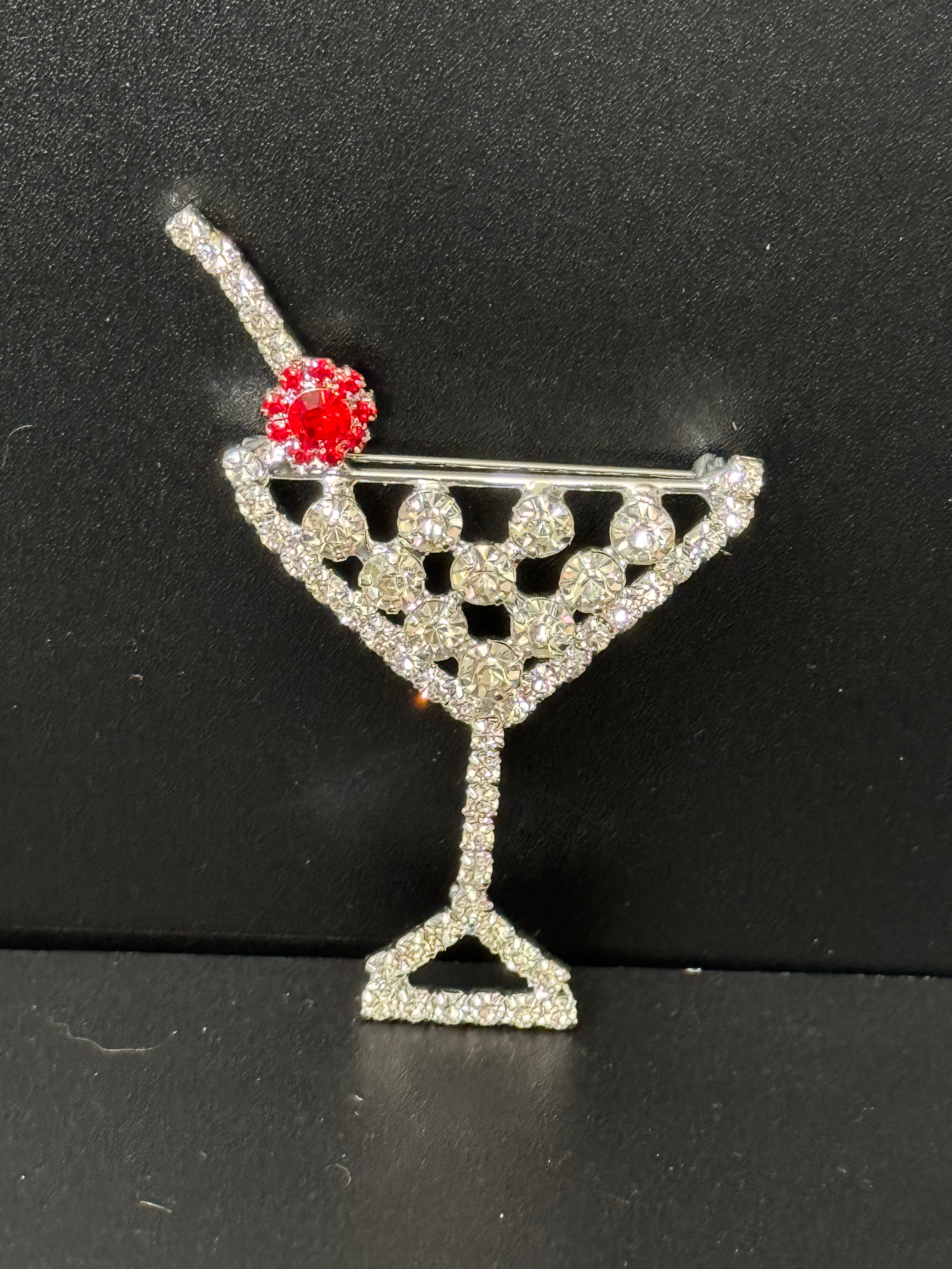 Champagne cocktail glass with red cherry diamanté Crystal brooch silver tone