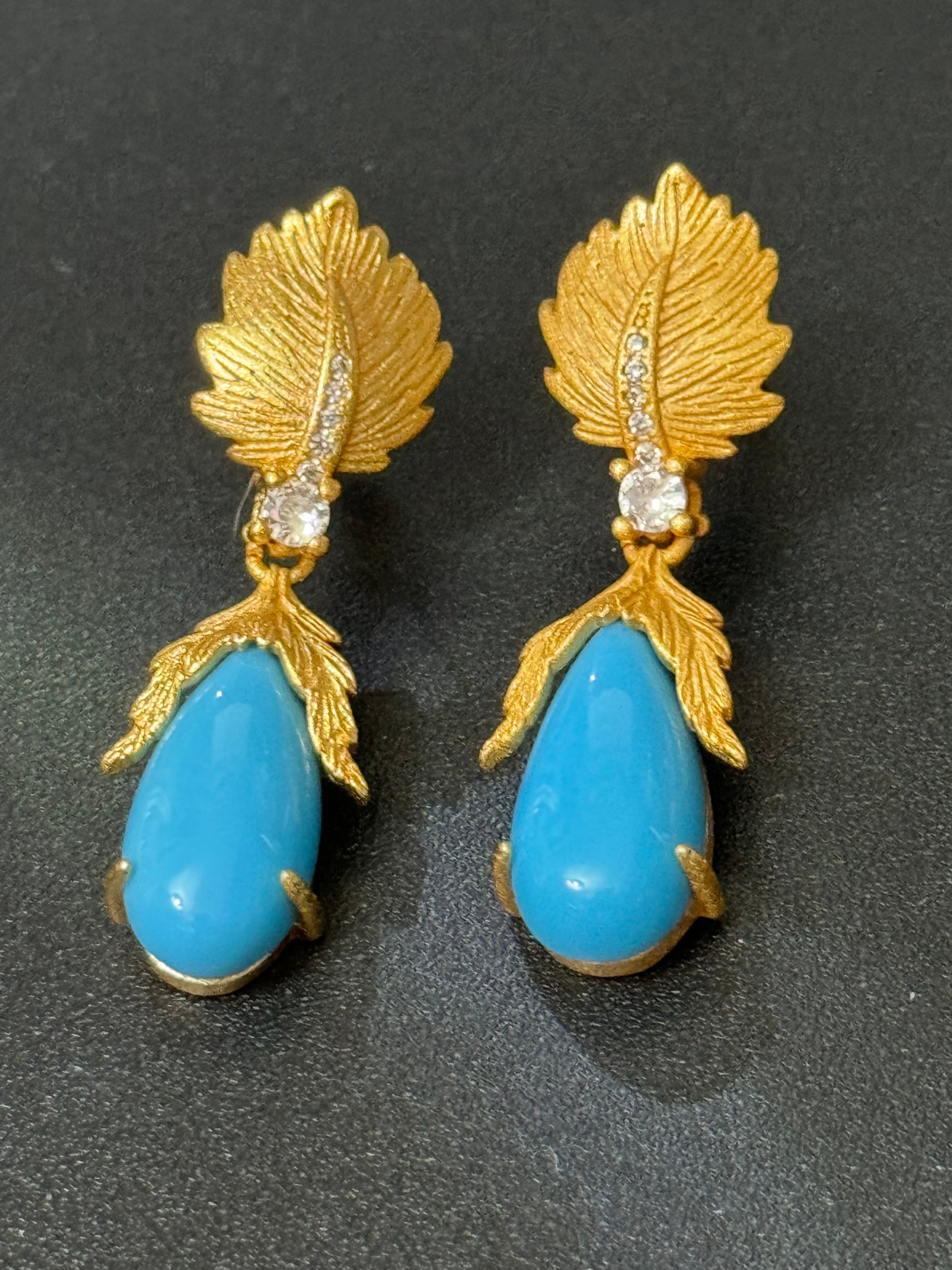 High end Antique Etruscan style gold tone faux turquoise teardrop earrings