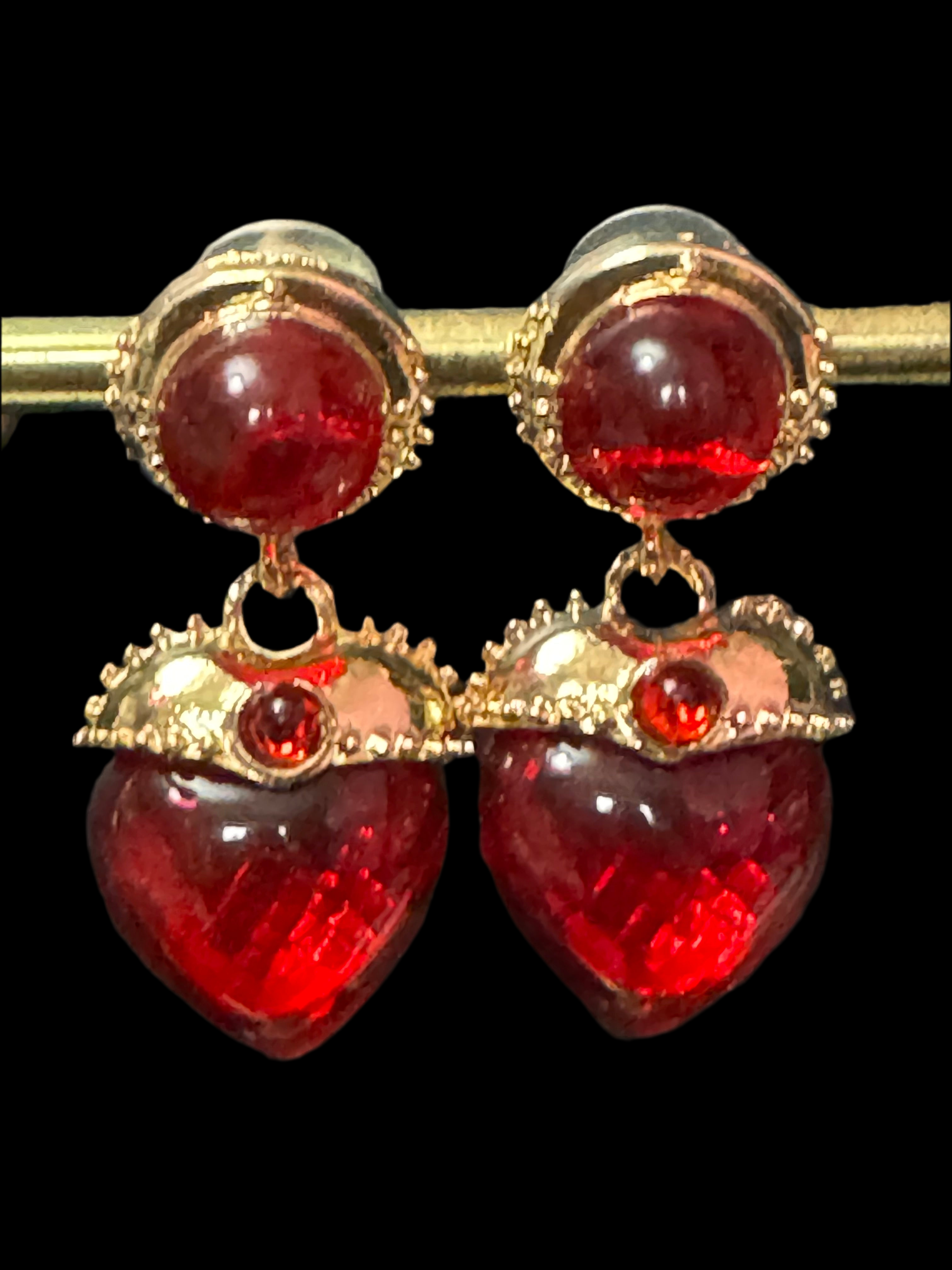 Oversized medieval style ruby red love heart cabochon drop earrings gold tone