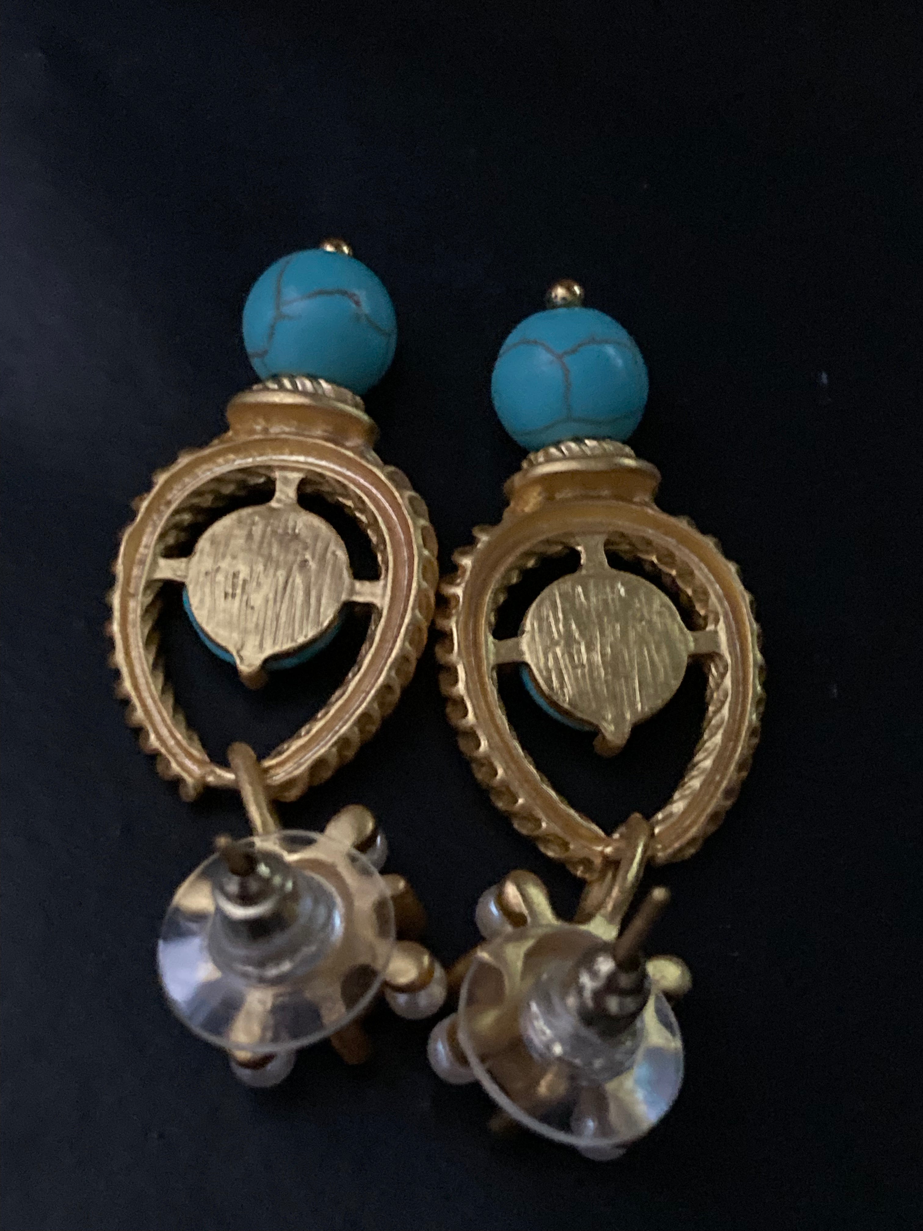 Etruscan style gold tone faux turquoise and pearl drop earrings