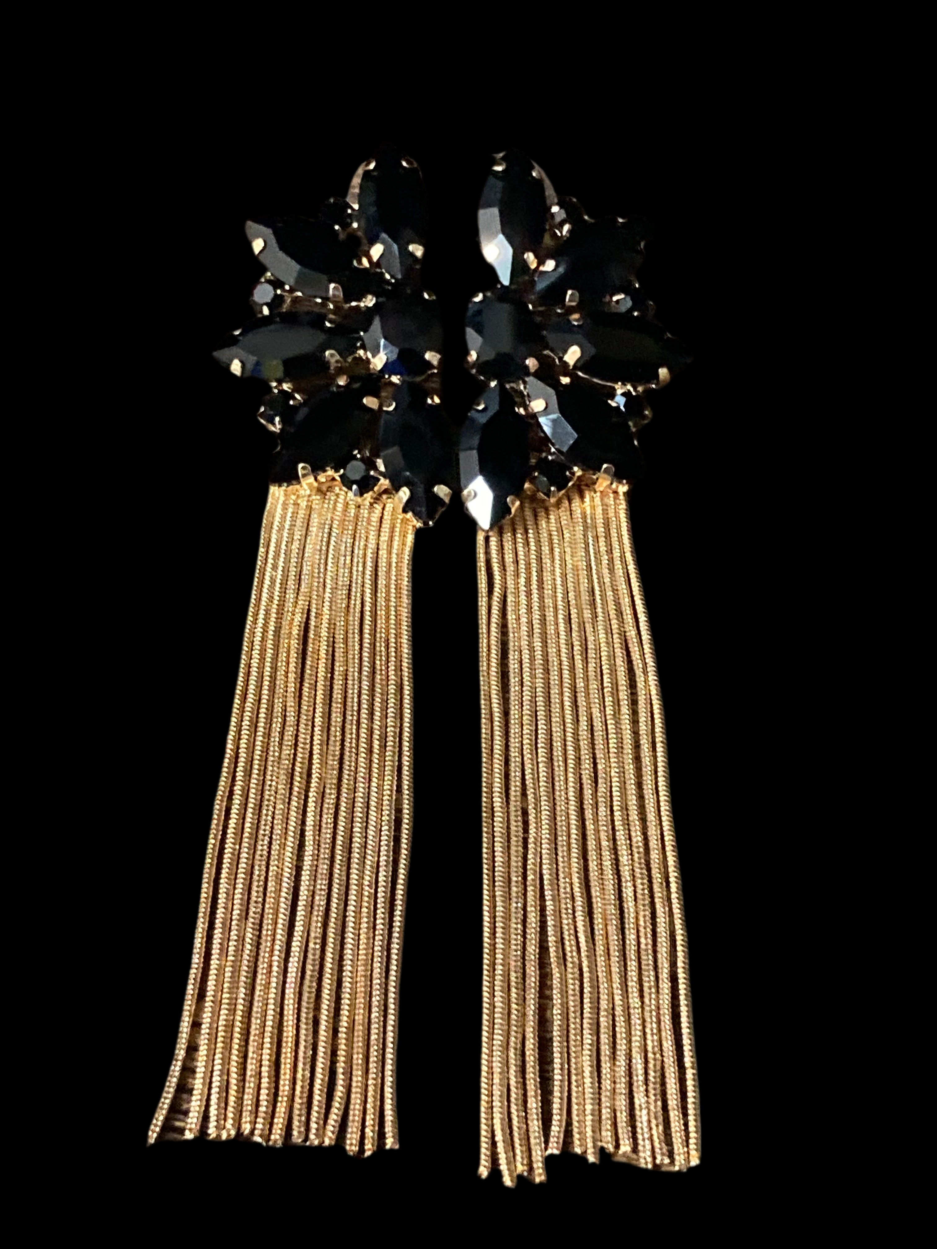 Black diamanté long gold tassel earrings