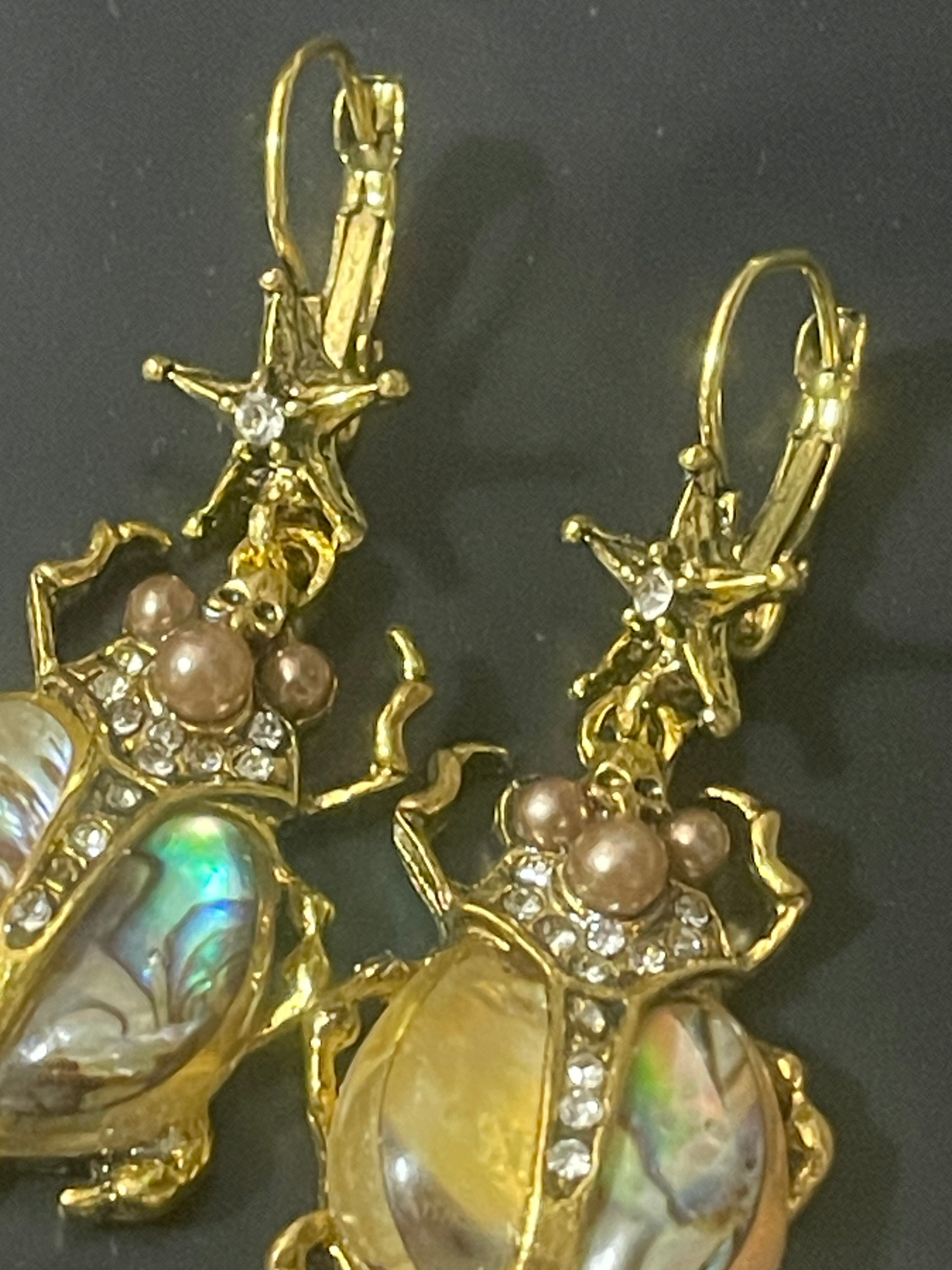 Abalone shell long faux pearl beetle insect earrings gold tone pierced