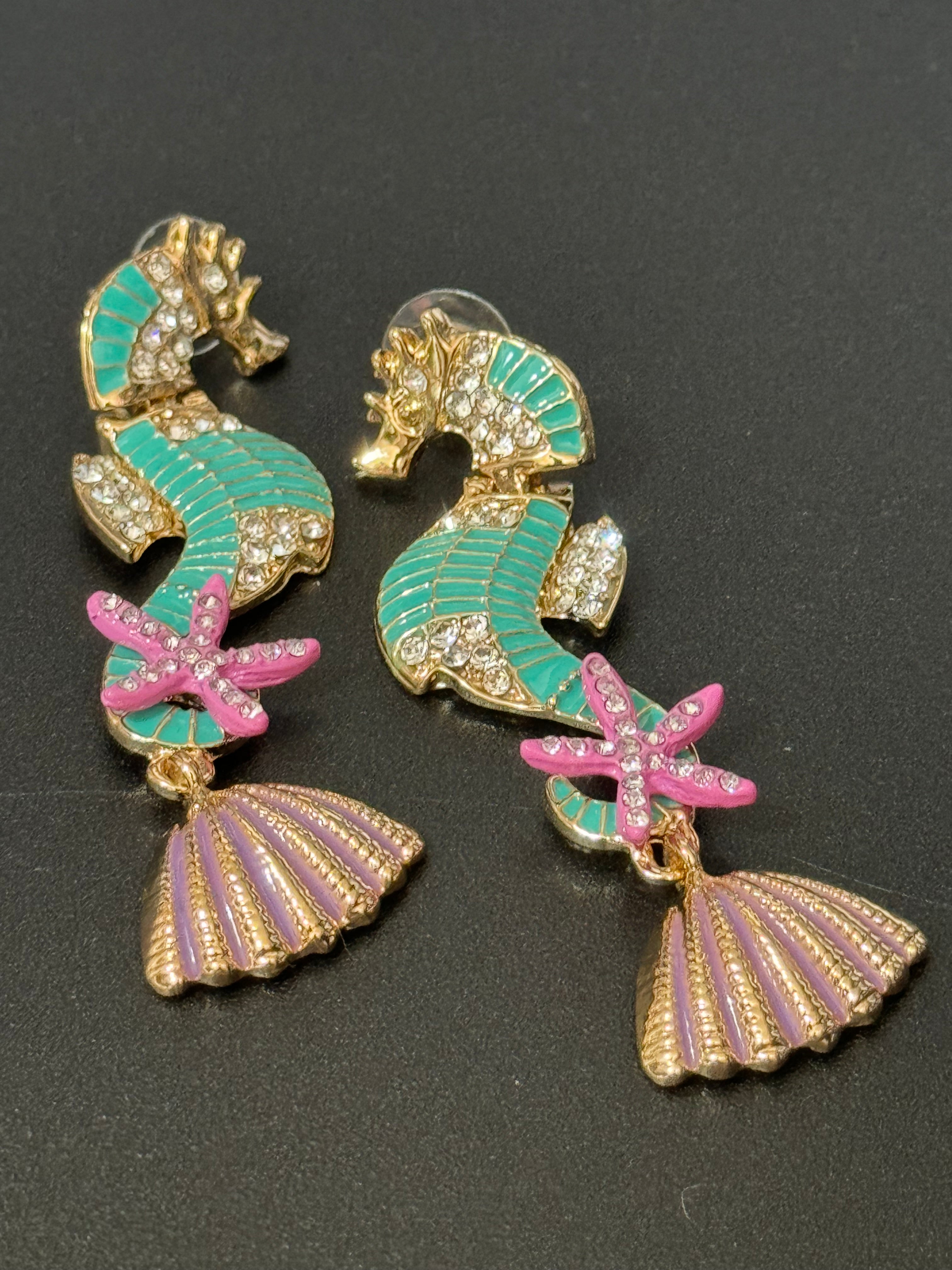 Large mint green and pink crystal seahorse earrings