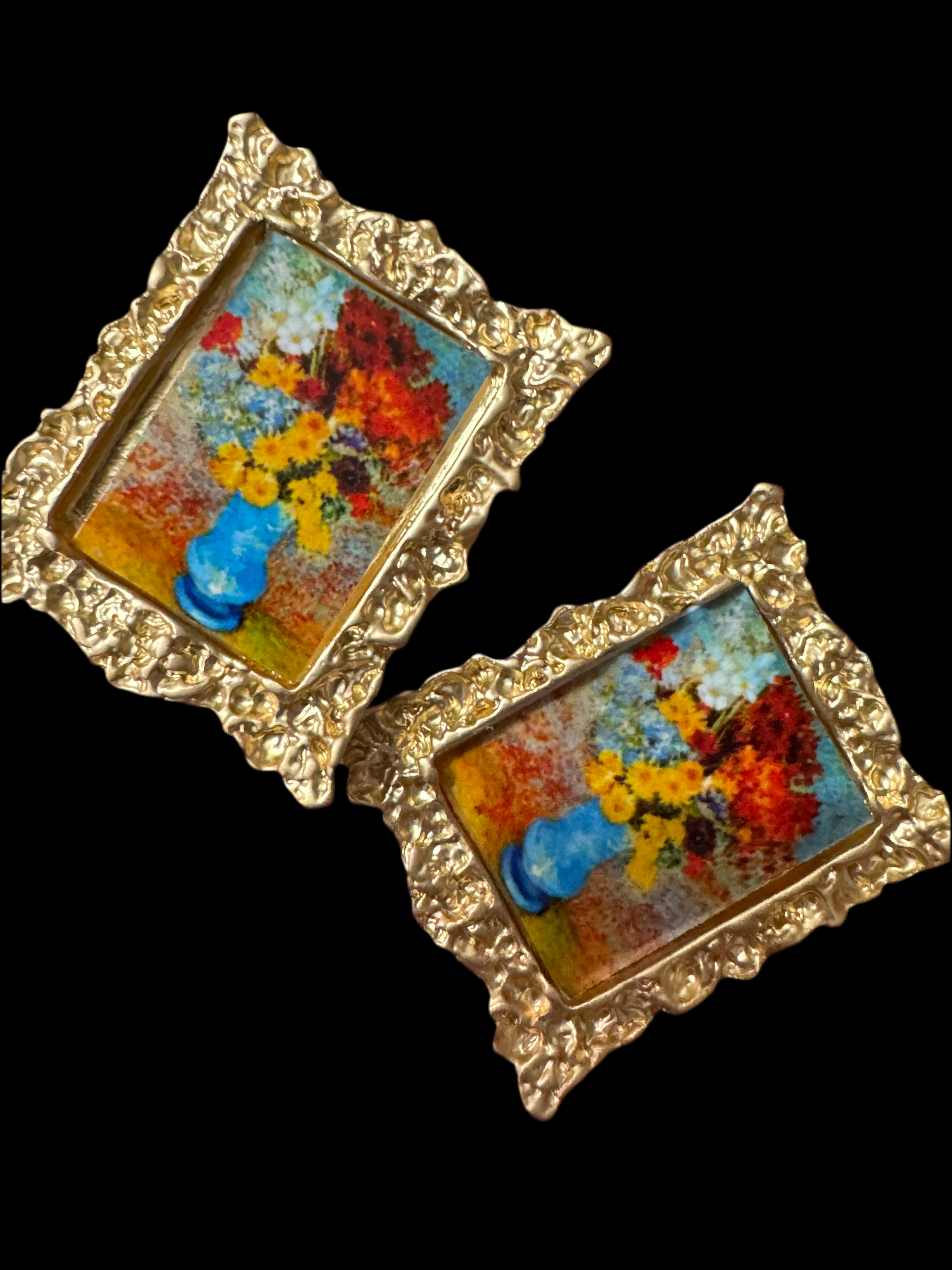 Novelty great masters pairings oversized gold framed portrait earrings