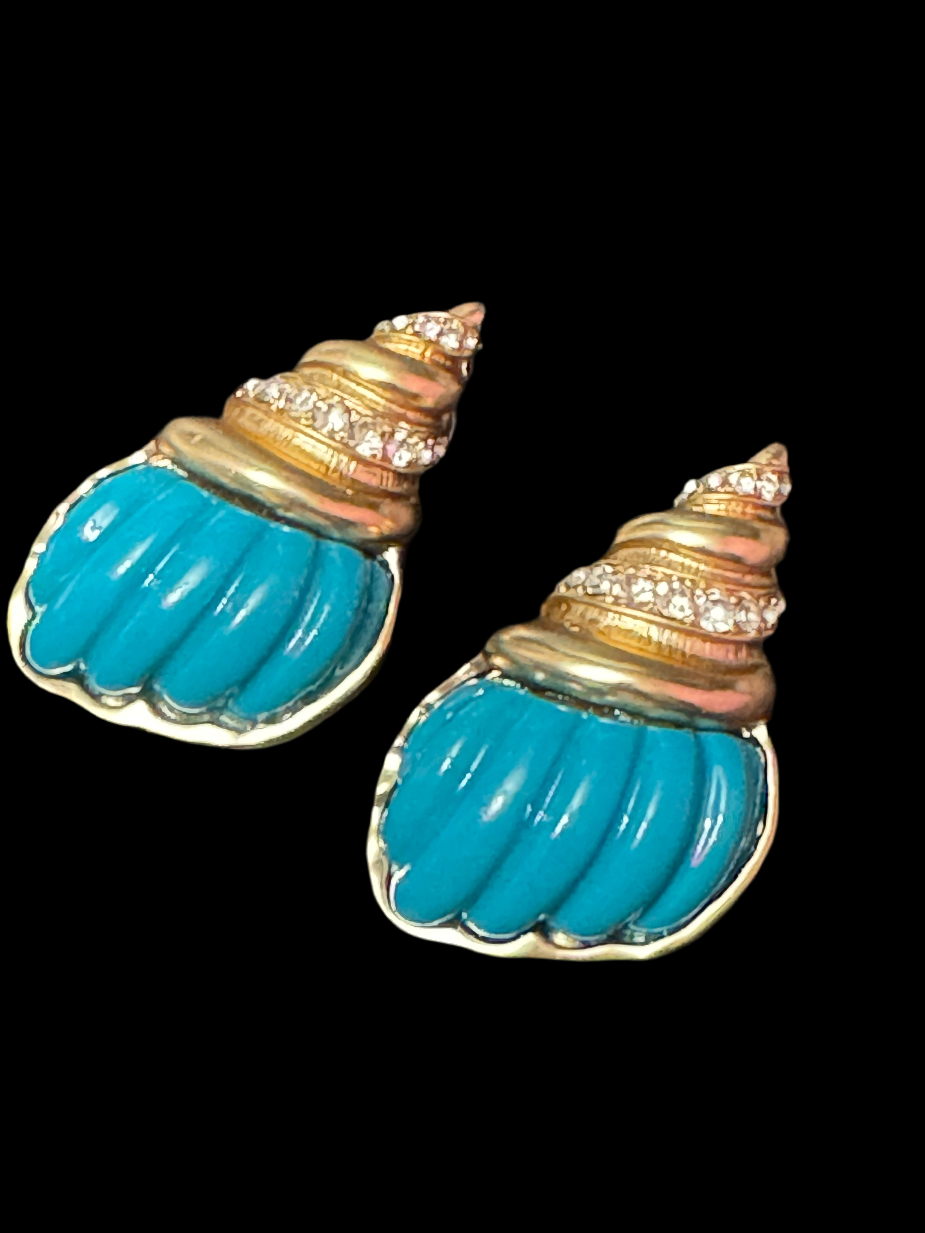 Oversized XL turquoise blue and gold seashell conch crystal earrings