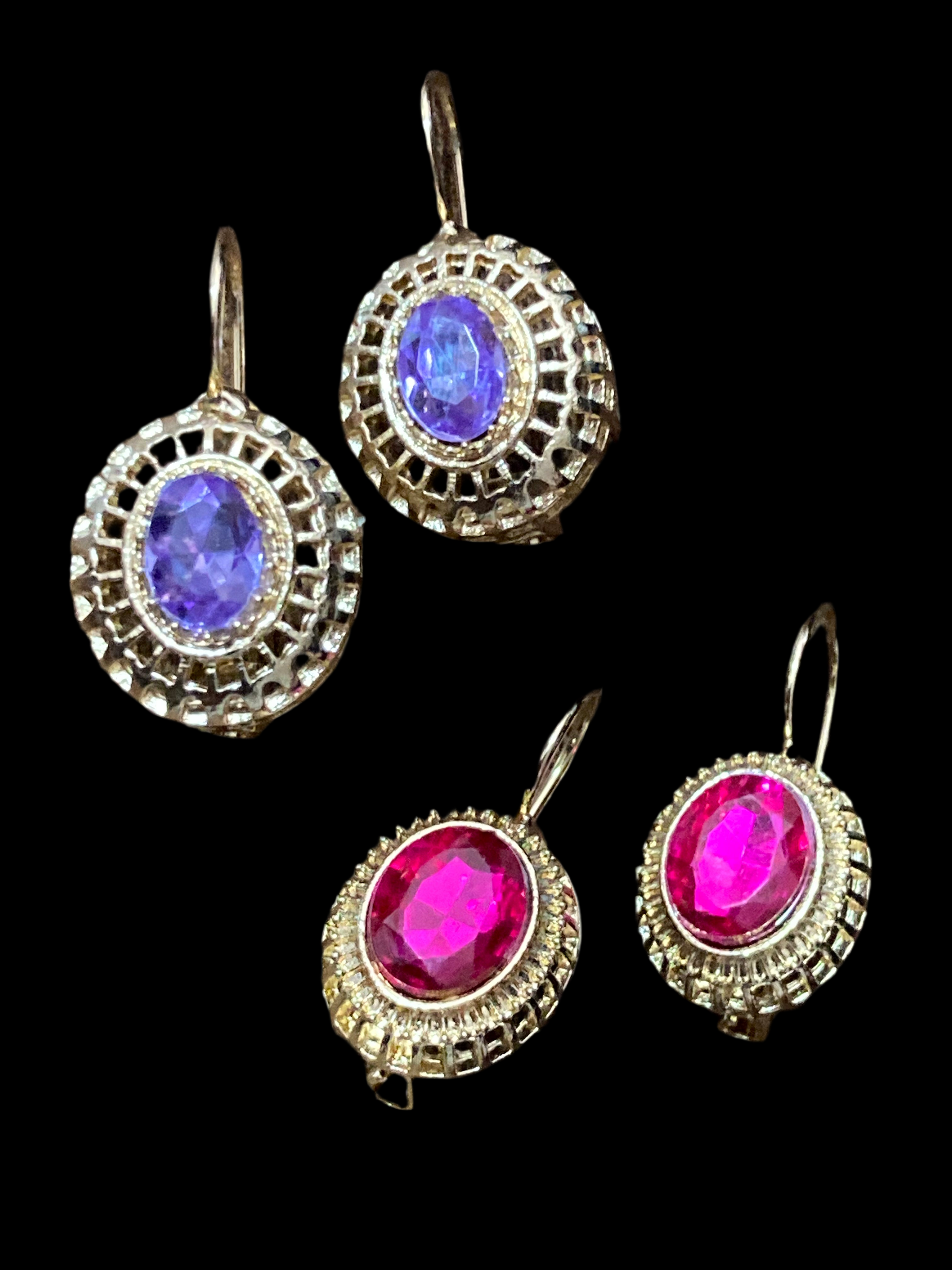 Gold tone hot pink glass diamanté drop earrings Victorian style