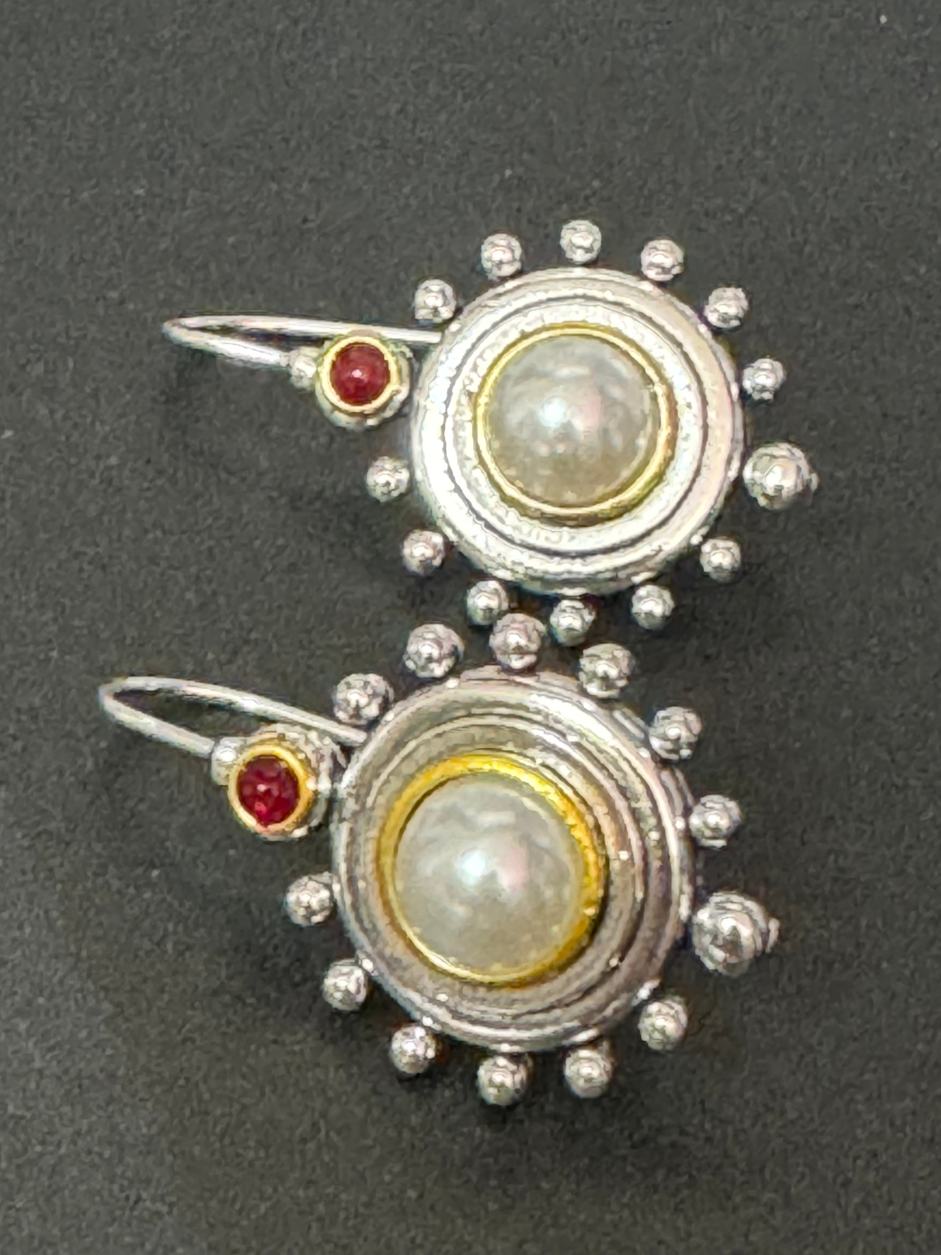 Etruscan silver tone medieval style faux pearl and ruby drop earrings