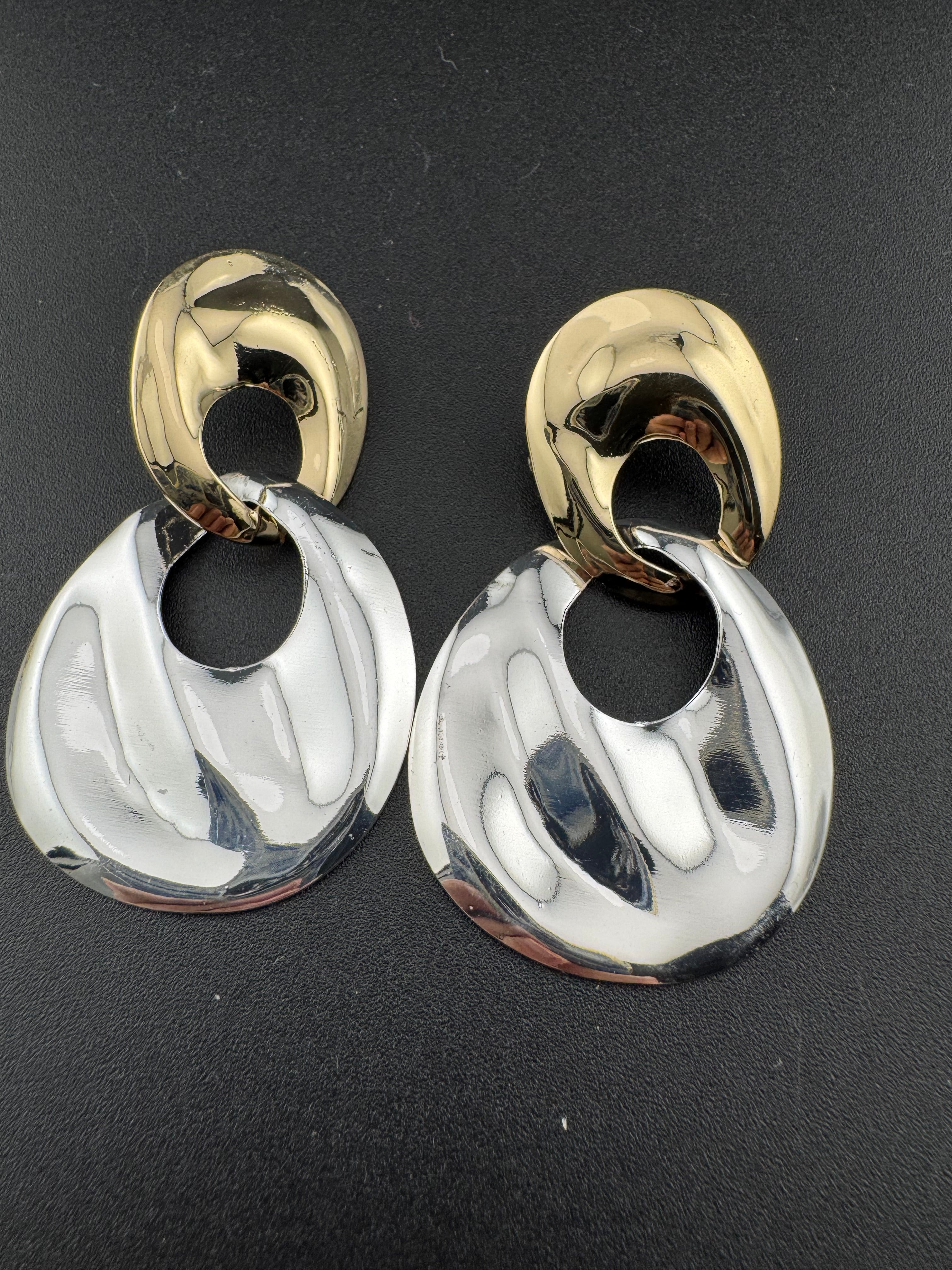 80s style silver and gold tone oversized door knocker clip on earrings