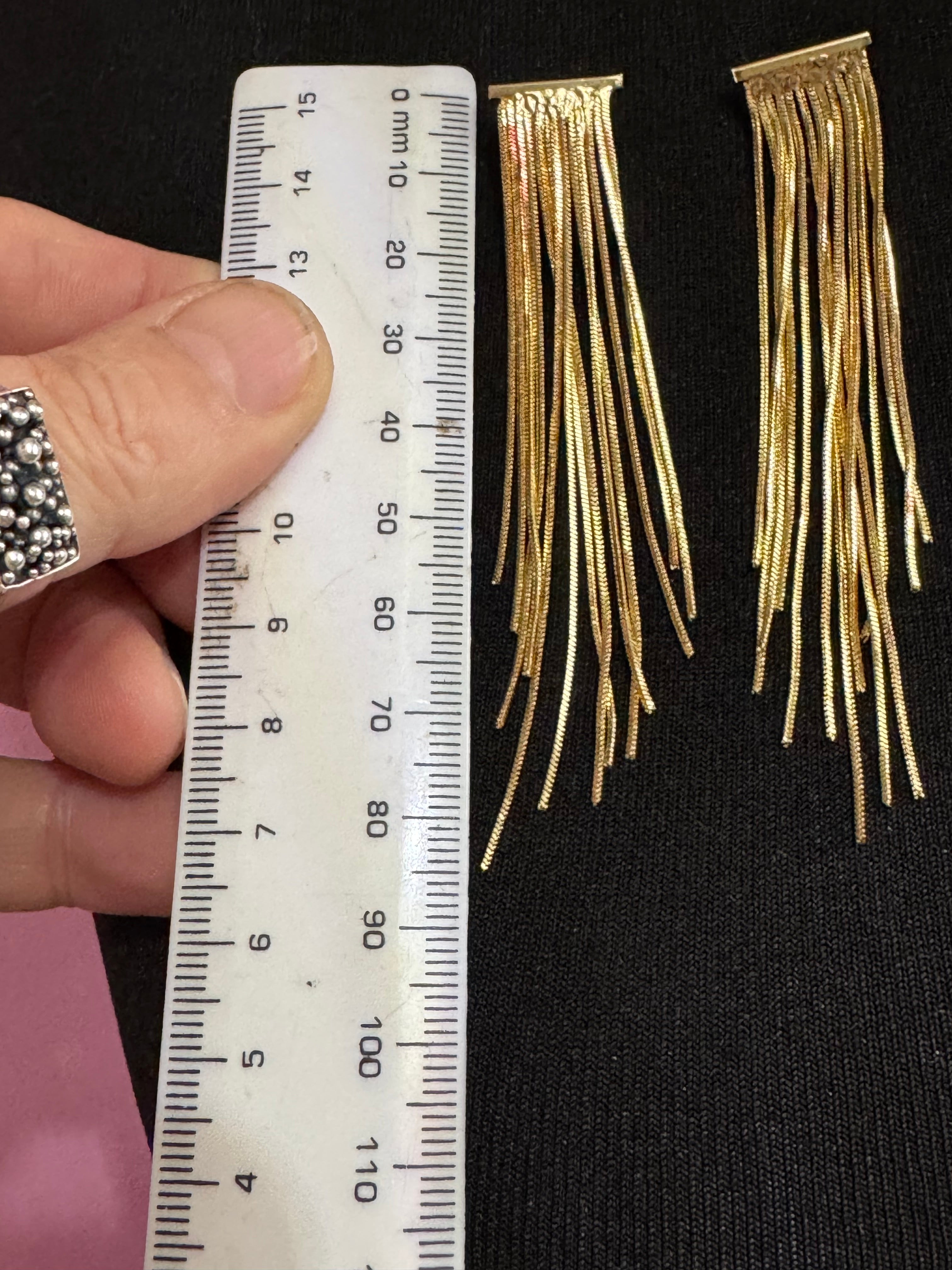 gold tone long dangly chain link tassel earrings for pierced ears 1980s style